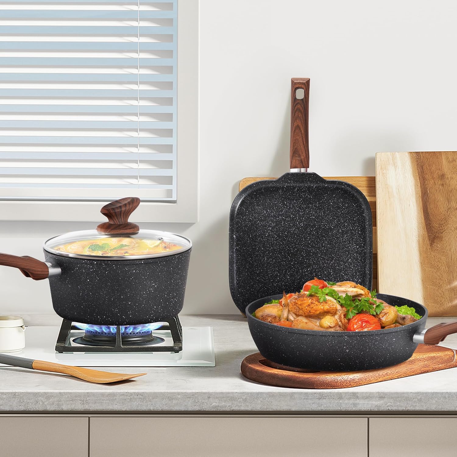 DishDelight Induktions-Kochgeschirr-Set mit Grillplatte 17-teiliges Induktions Töpfe Set Topf und Pfannenset mit Deckel Granit Antihaftbeshichtung Topfset Kochtopf – Bild 6