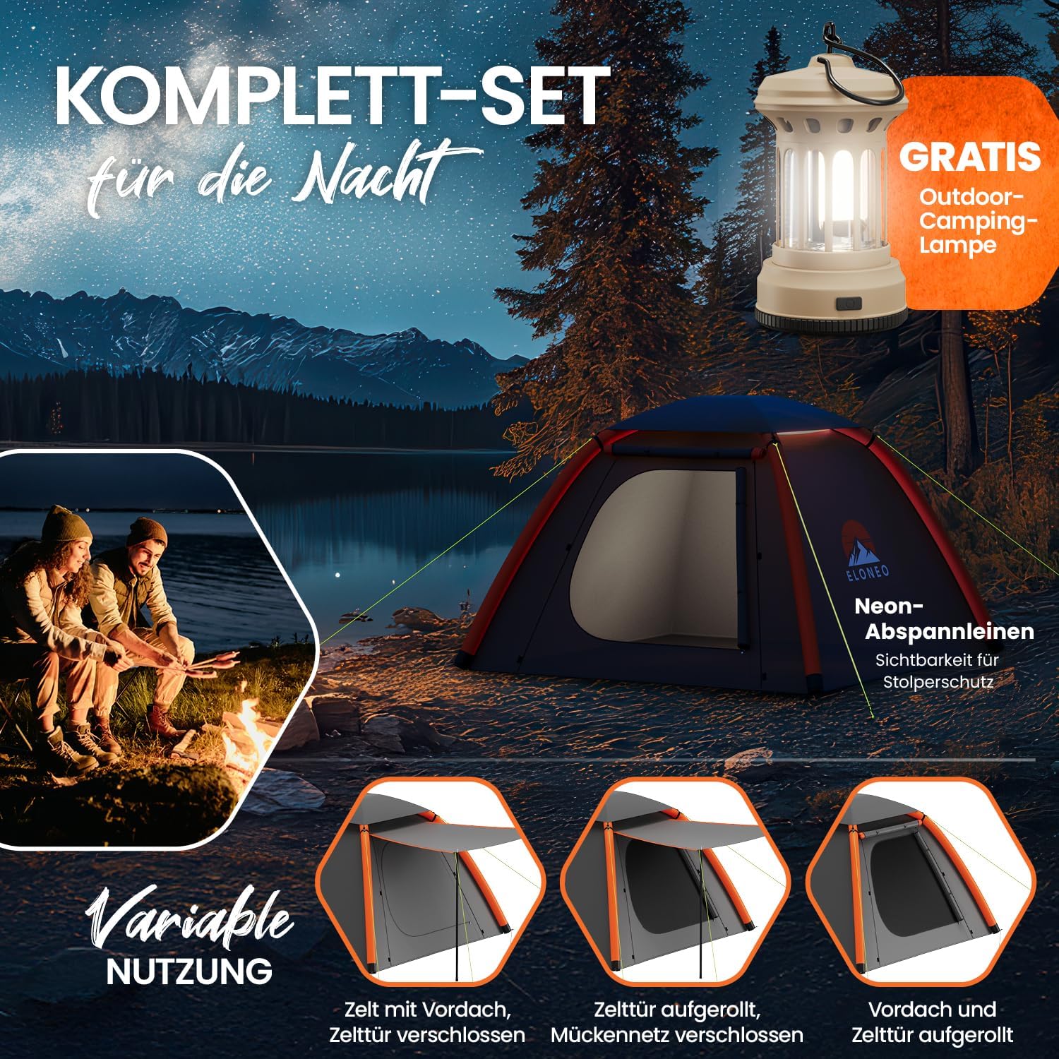ELONEO aufblasbares Zelt für 1-4 Personen mit Vordach & Luftpumpe, Camping Zelt wasserdicht, Luftzelt Ultraleicht, Inflatable Tent, Glamping Zelt mit gratis LED Licht – Bild 3