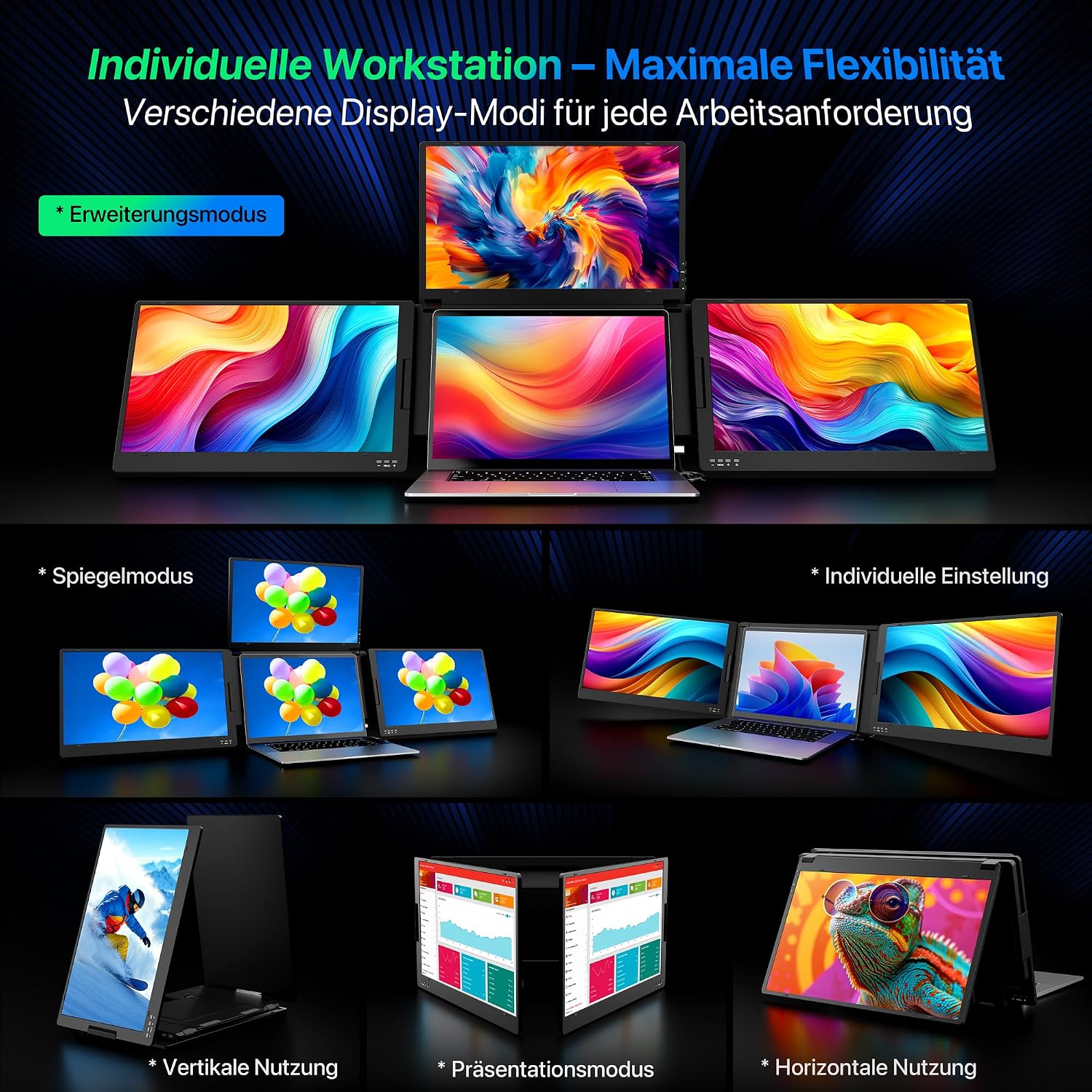 ROADOM 15,6" Triple Laptop Monitor, 1080P FHD IPS, Type-C, Metallgehäuse – Bild 5