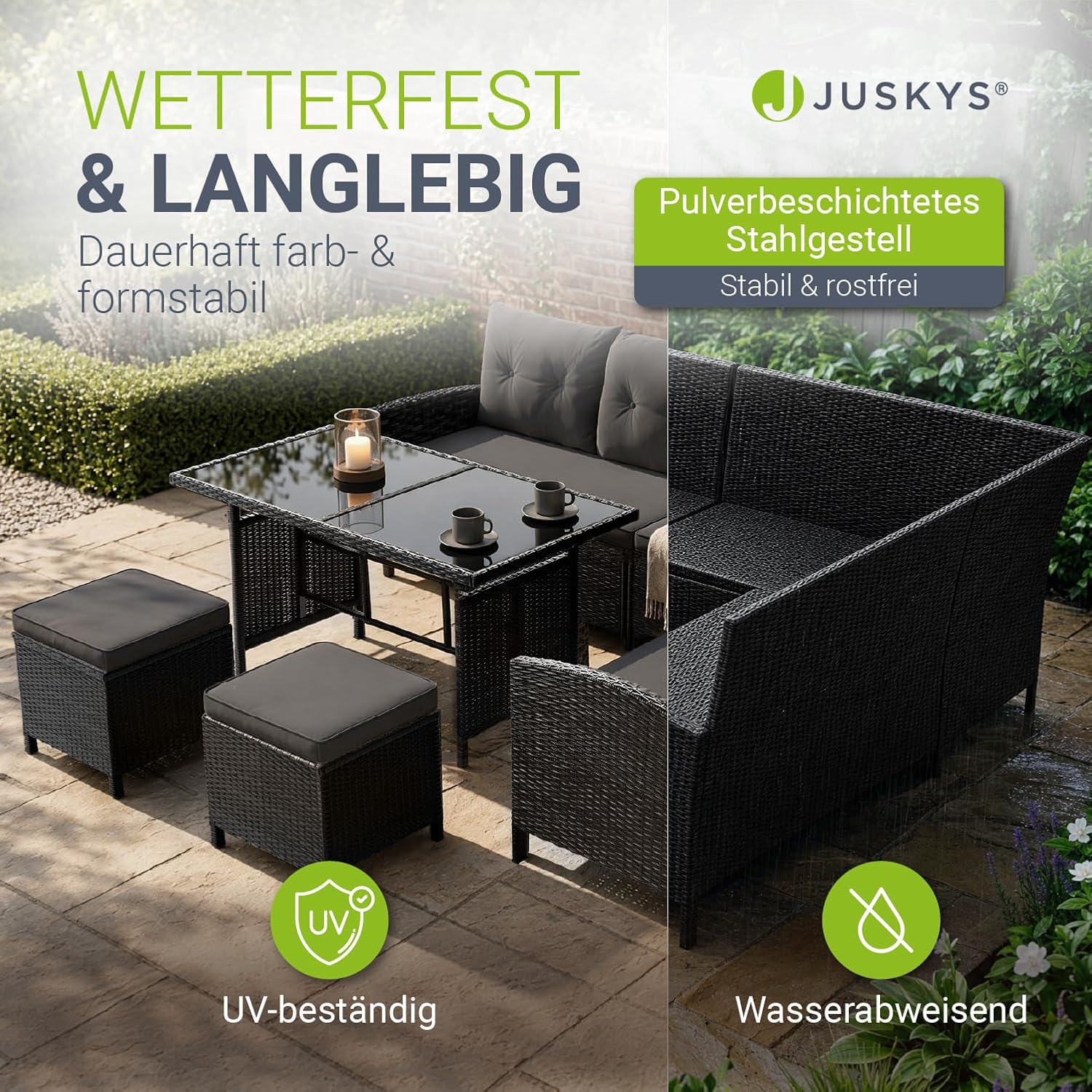 Juskys Polyrattan Lounge Manacor mit Ecksofa, Esstisch, 2 Hocker & Kissen - wetterfest bis 7 Personen - Bezüge waschbar - Rattan Garten Sitzgruppe Gartenlounge Gartenmöbel Set - Schwarz/Grau – Bild 2