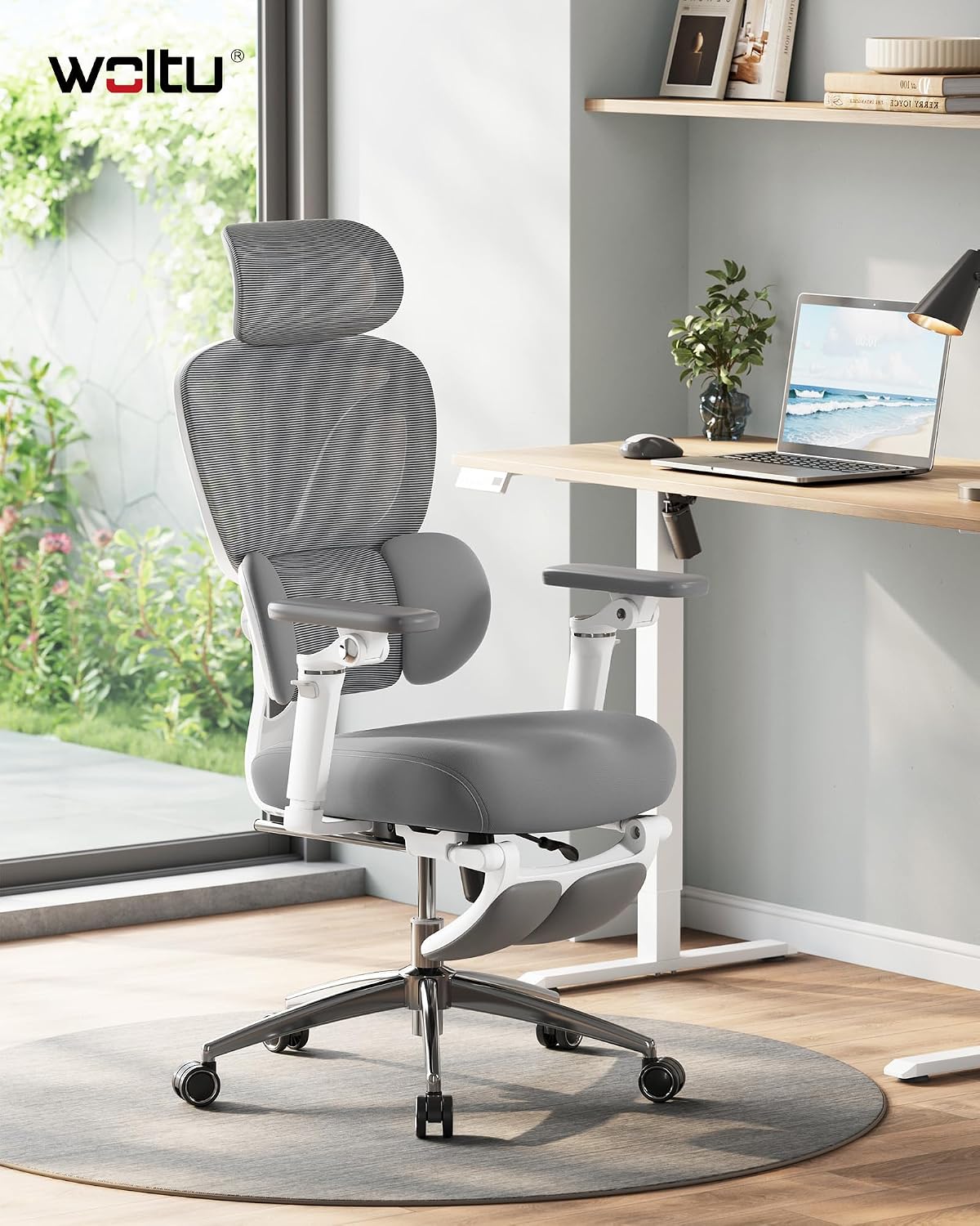 WOLTU Bürostuhl Ergonomisch, Schreibtischstuhl, 6D Armlehnen Grau+Weiß – Bild 2