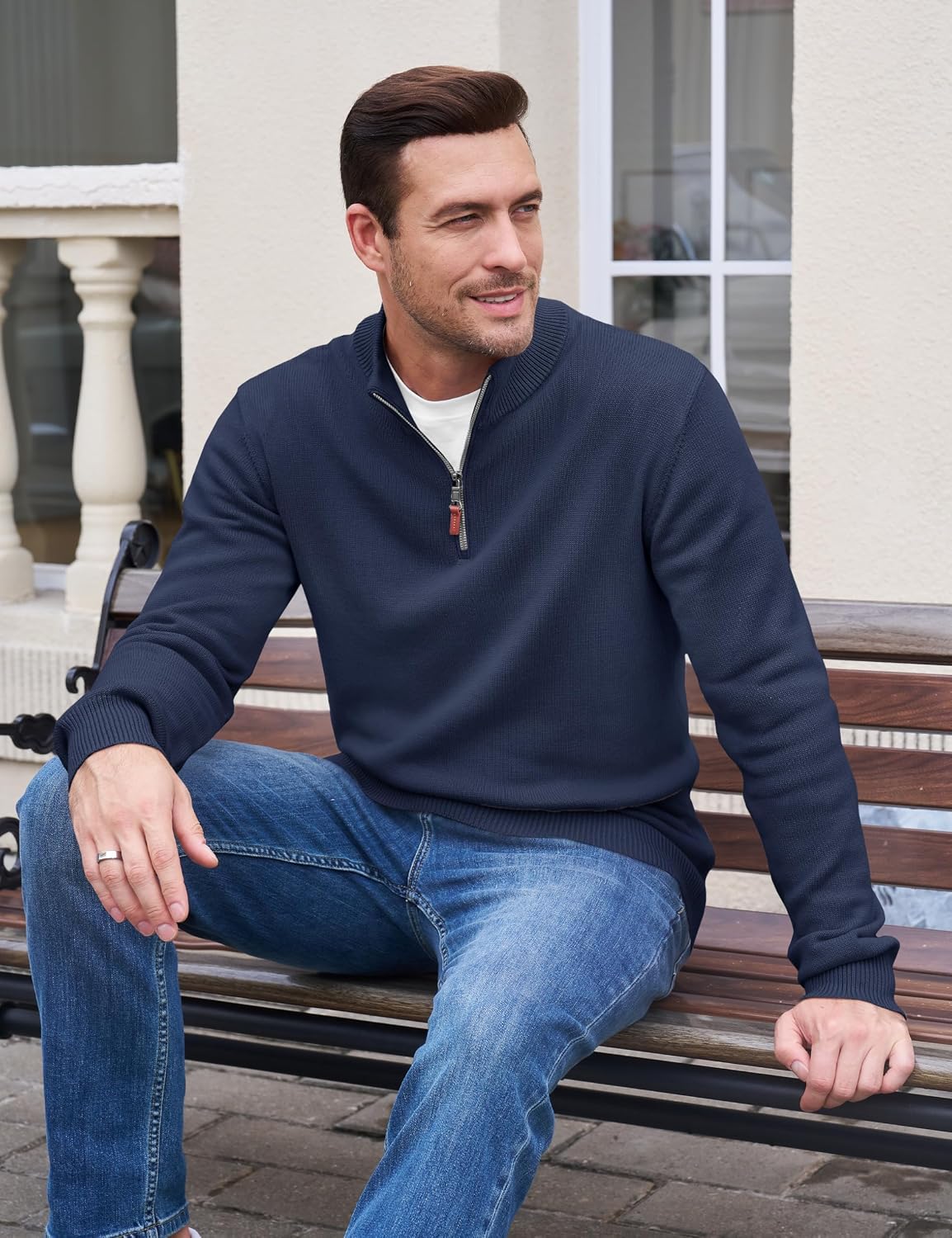 TACVASEN Pullover Herren Half Zip Troyer Baumwolle Warm Strickpullover – Bild 2