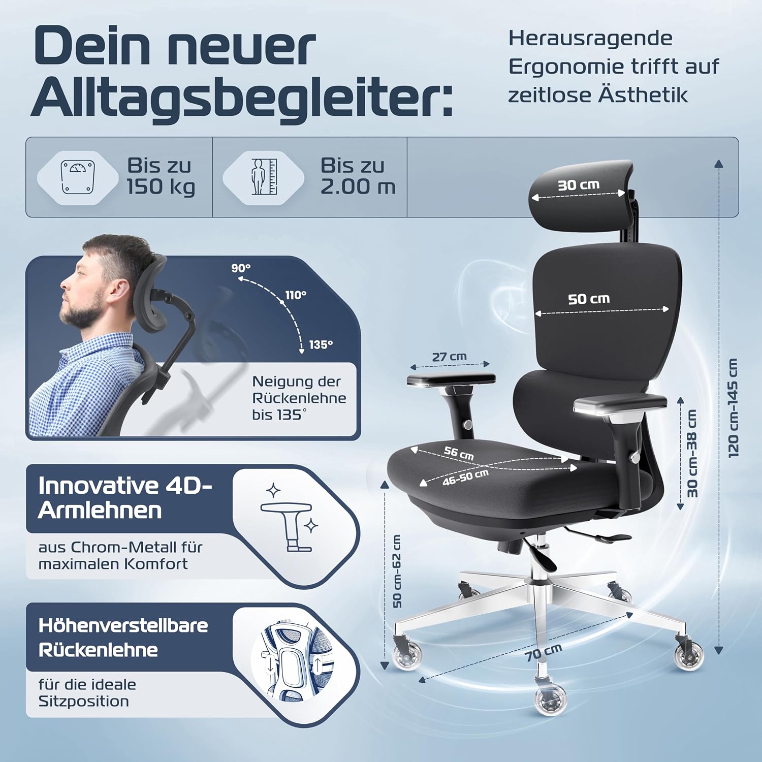 CLOUVOU ProSeat Bürostuhl Ergonomisch Homeoffice – Bild 2