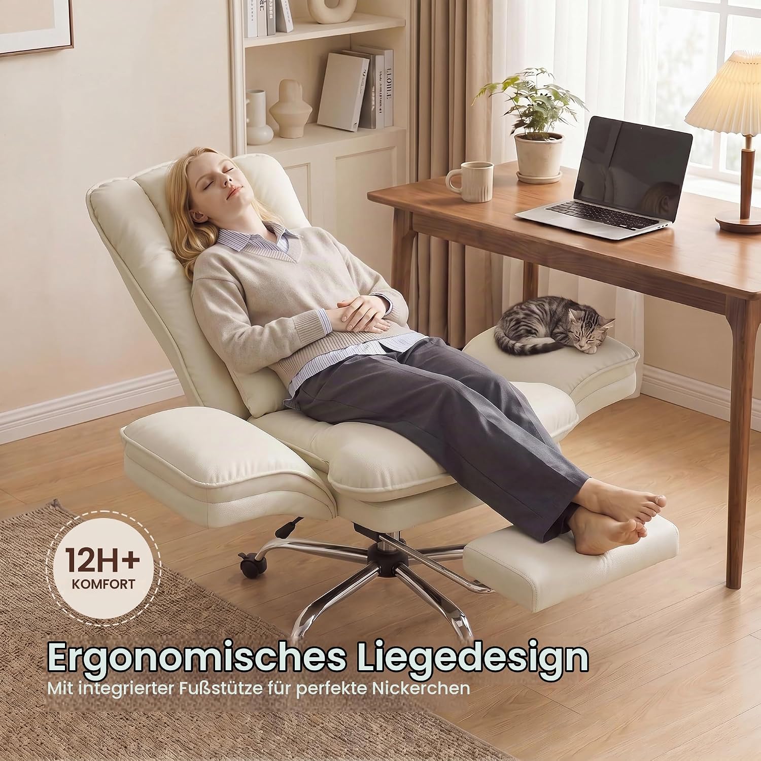 Hawthyhome Ergonomischer Bürostuhl 135° Kunstleder mit Fußstütze,Beige – Bild 5