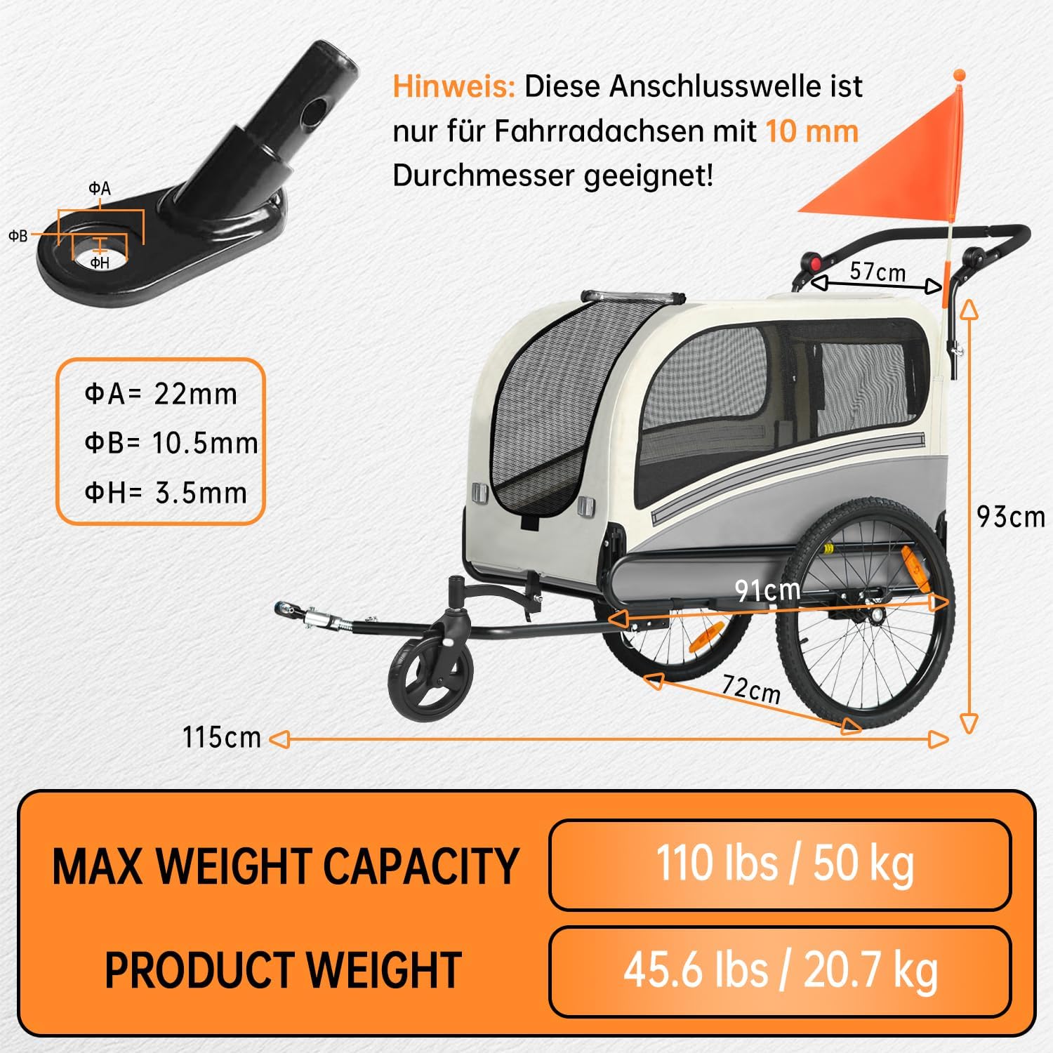 2-in-1 XXL Fahrradanhänger für Hunde, Faltbarer Hundeanhänger mit Dachöffnung, Reflektoren & Reflexstreifen, Universal-Fahrradkupplung, Höhenverstellbarem Schiebegriff – Bild 3