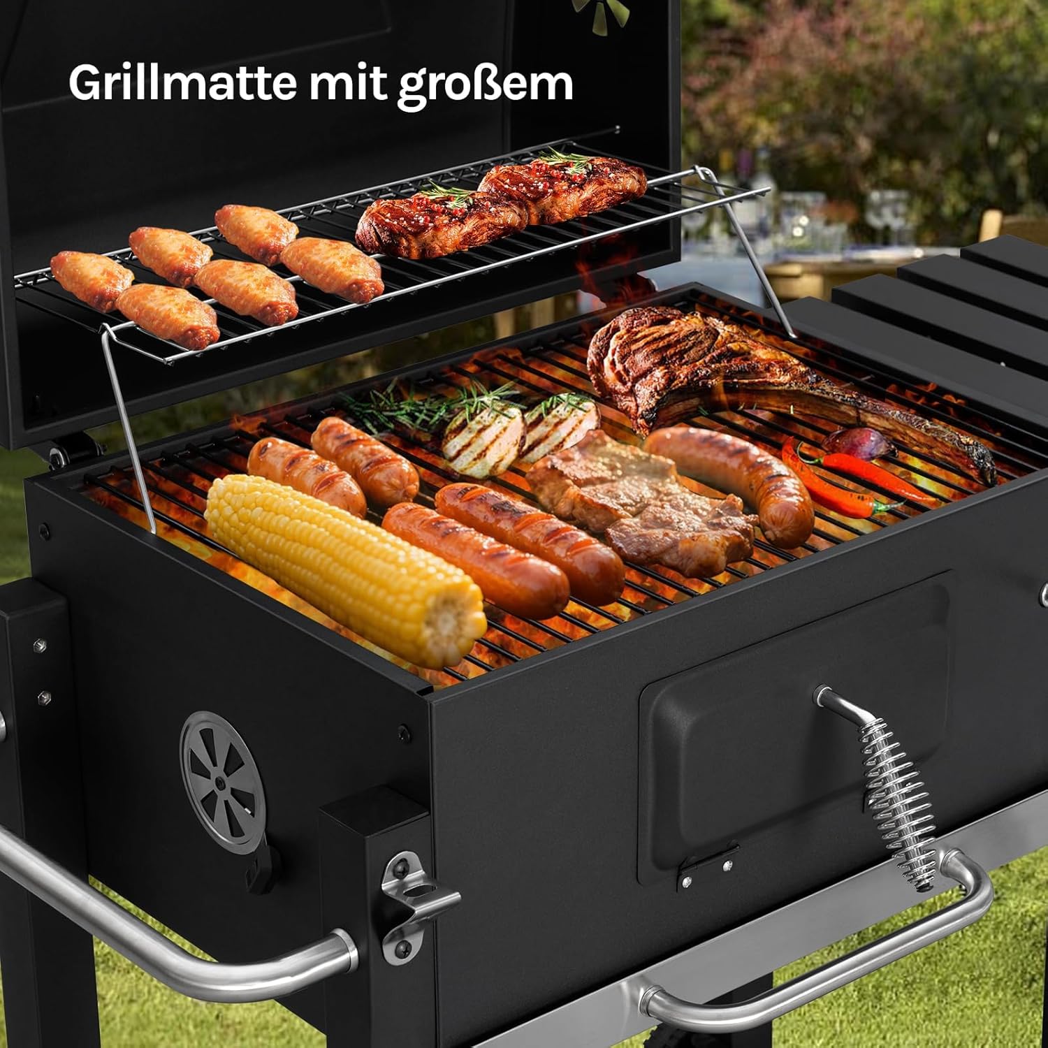 WOLTU Holzkohlegrill mit Deckel, große Grillfläche, variable Kohlewanne, Smoker Grill BBQ mit Grillrost, Thermometer, Grillwagen für Camping, 117 x 107 x 71 cm, Schwarz – Bild 4