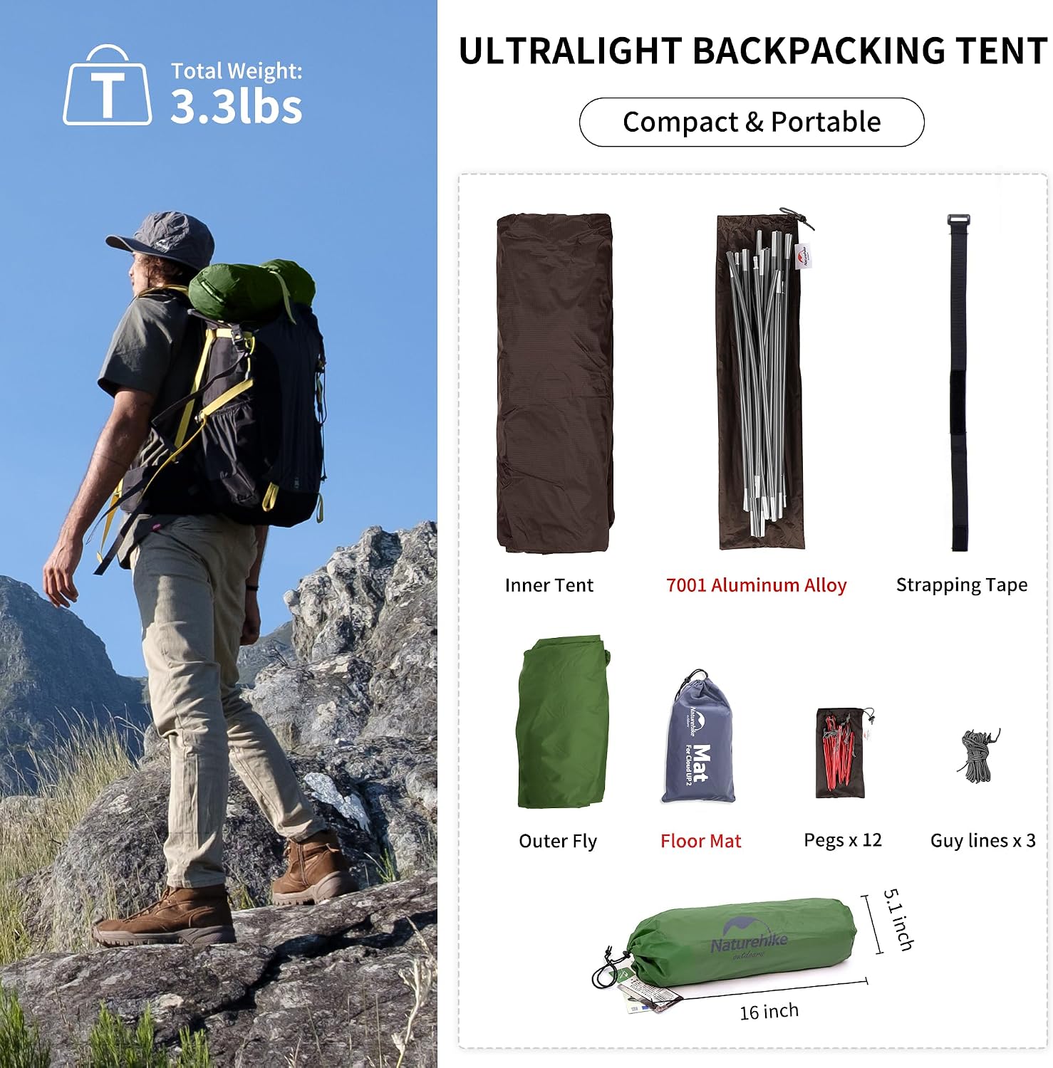 Naturehike Cloud Up Wanderzelt für 1 Person, leichtes Campingzelt zum Wandern, Kuppel für 1 Mann – Bild 6