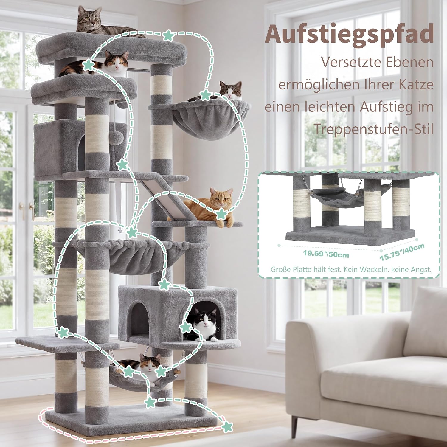 Heybly Kratzbaum, 180cm Katzenbaum für Wohnungskatzen, Hellgrau HCT034W – Bild 9