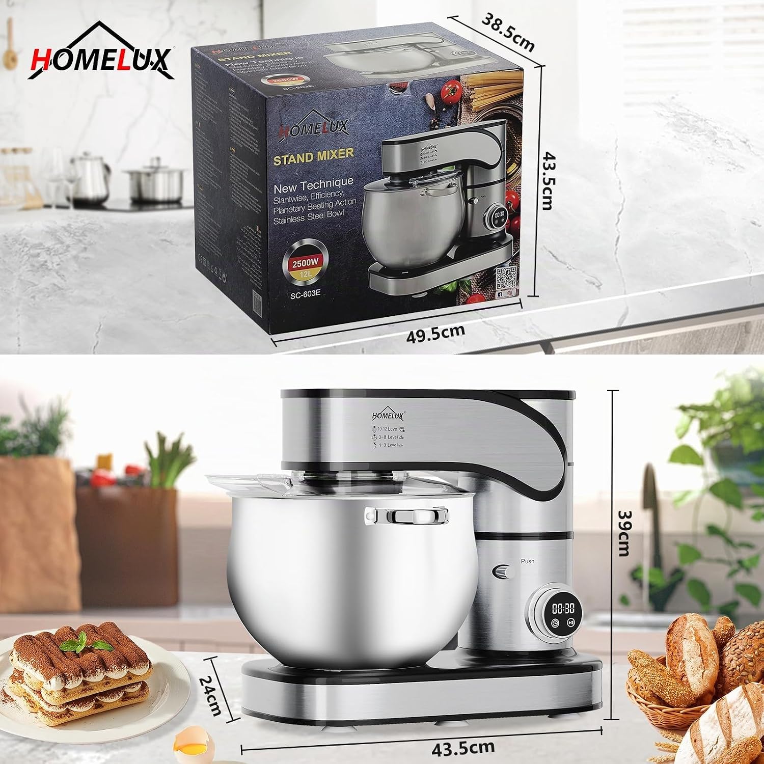 HOMELUX Küchenmaschine 2500W, 12 Liter Edelstahl Schüssel – Bild 8