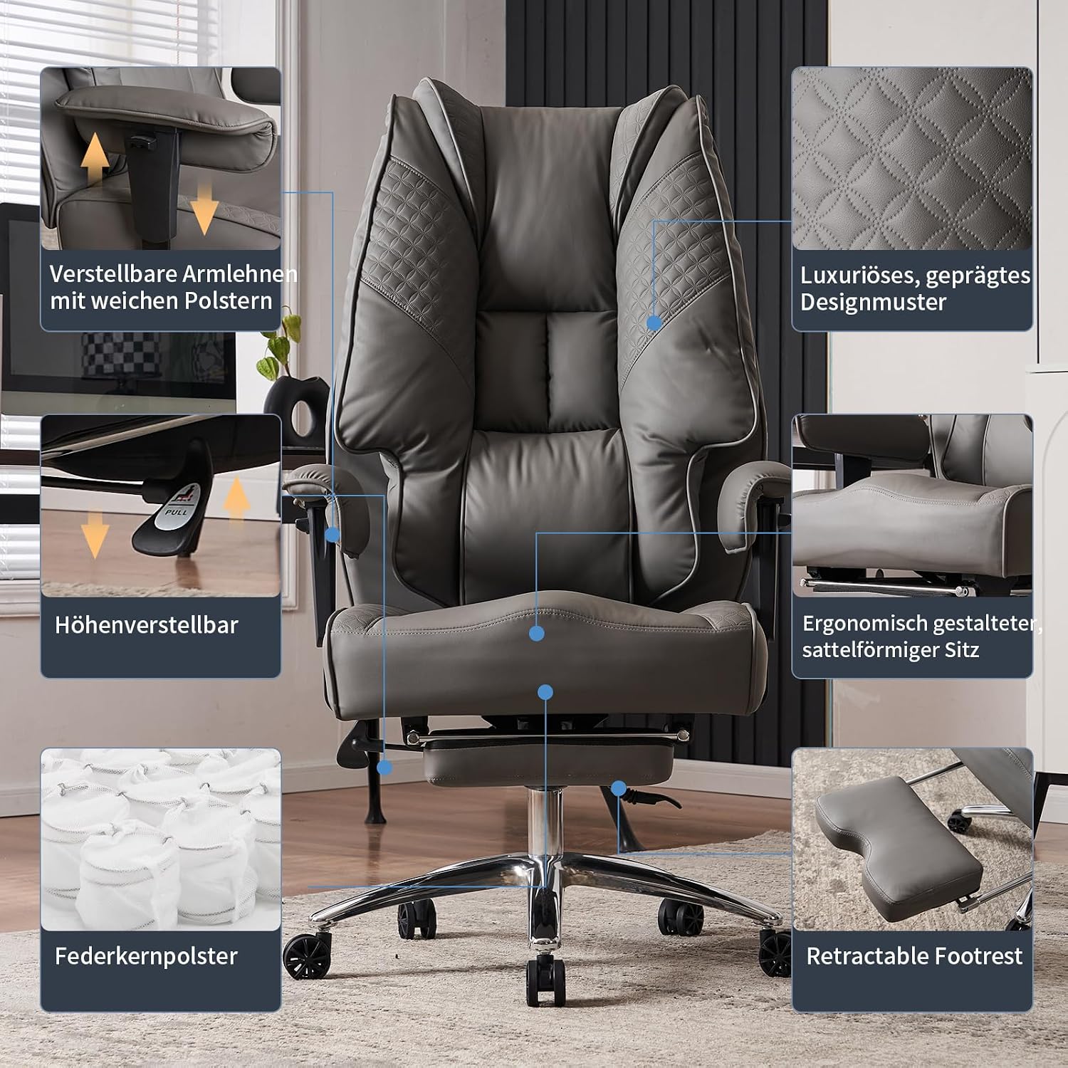 EXCEBET Chefsessel Bürostuhl XXL Ergonomisch 200kg, Schreibtischstuhl mit Fußstütze und 14cm Taschenfederkern, Hochlehner aus Kratzfestem PU Leder, Drehstuhl mit Höhenverstellbaren Armlehnen (Grau) – Bild 6