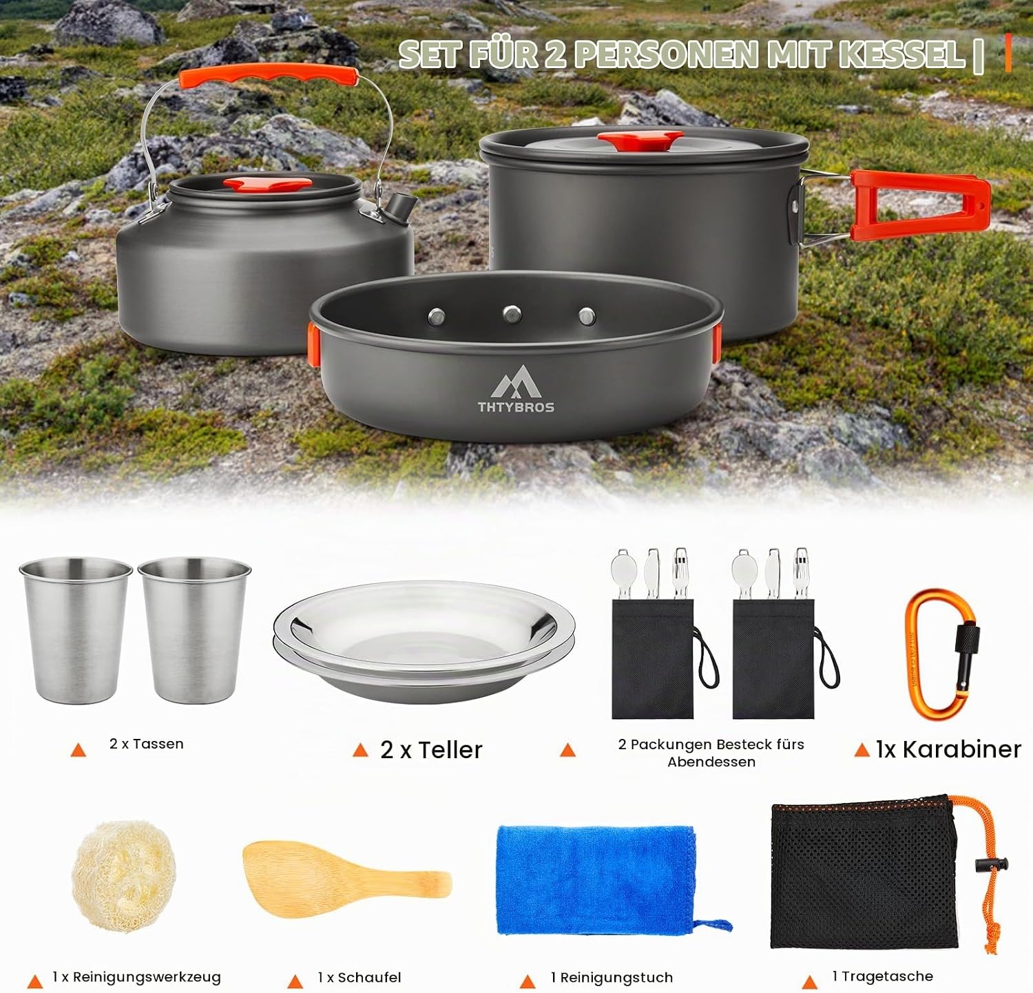 THTYBROS 17-teiliges Camping-Kochgeschirr-Set, hart eloxiertes Aluminium-Topf-Pfanne-Kessel mit 2 Edelstahl-Tassen, Teller, Besteck für Outdoor-Wandern, Rucksackreisen, Picknick – Bild 4