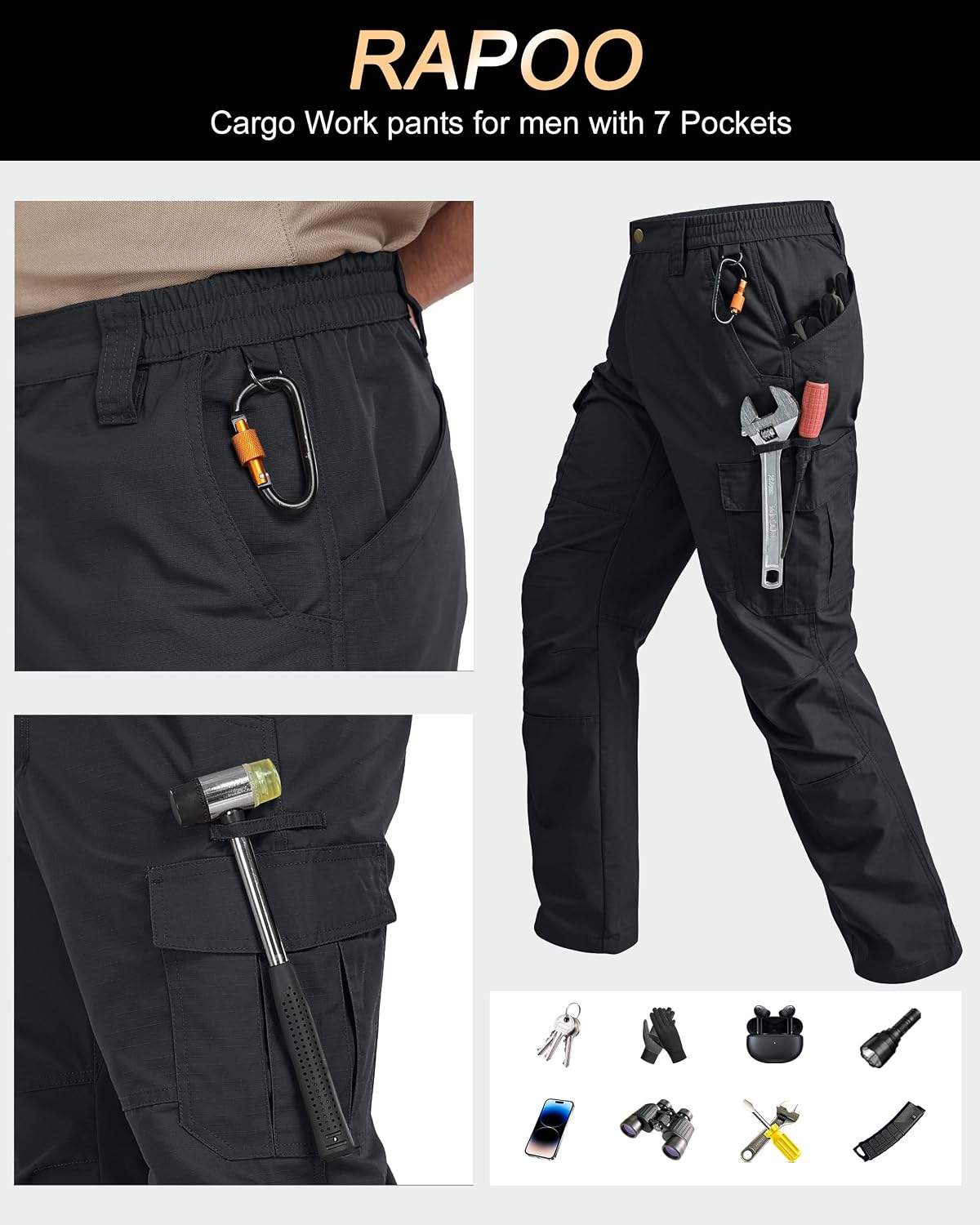 Rapoo Cargohose Herren Outdoor Workwear Wanderhose Arbeitshosen Männer Ripstop Taktische Hose Sommer mit Multi Taschen – Bild 6