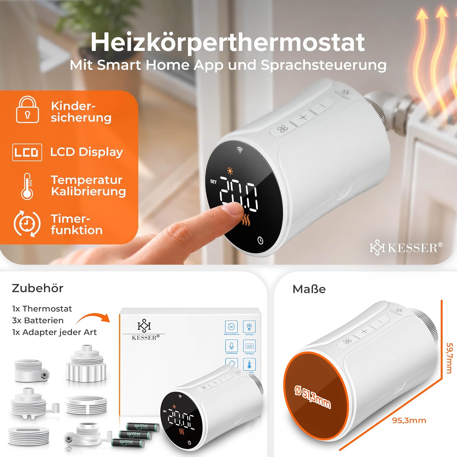 KESSER® Heizkörperthermostat 3er Set WiFi Heizungsregler | Heizungsthermostat WLAN mit Smart Home App Steuerung | Thermostat Alexa, Google Assistant mit 6 Heizkörperventilen | Energie & Kosten sparen – Bild 2