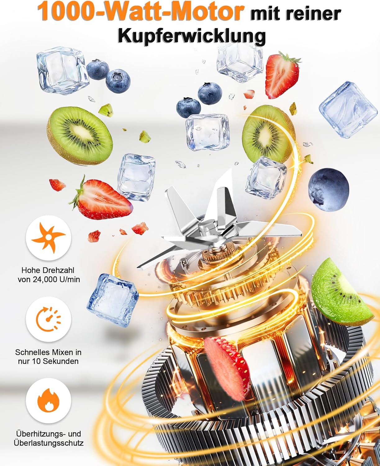 1000W Standmixer, Mixer, Glas 2-1 Mixer Smoothie Maker mit 1,5L Glaskrug und 600ml Reisebecher, Stufenlos Drehbare Drehregler, Selbstreinigung, für Ice-Crush-Funktion Shakes Gefrorene Getränke Saucen – Bild 2