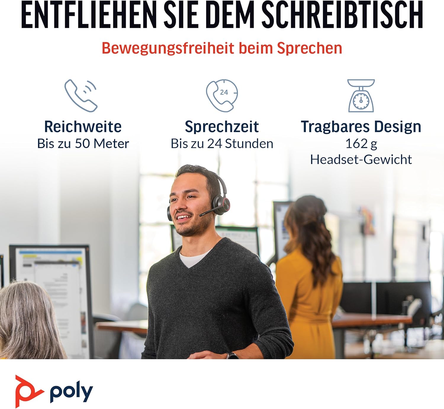 Schnurloses Poly Voyager 4320 UC-Headset und Ladestation – Stereo-Kopfhörer mit Noise Cancelling-Mikrofonarm – Verbindung mit PC/Mac/Mobiltelefon über Bluetooth – Kompatibel mit Teams, Zoom & mehr – Bild 4