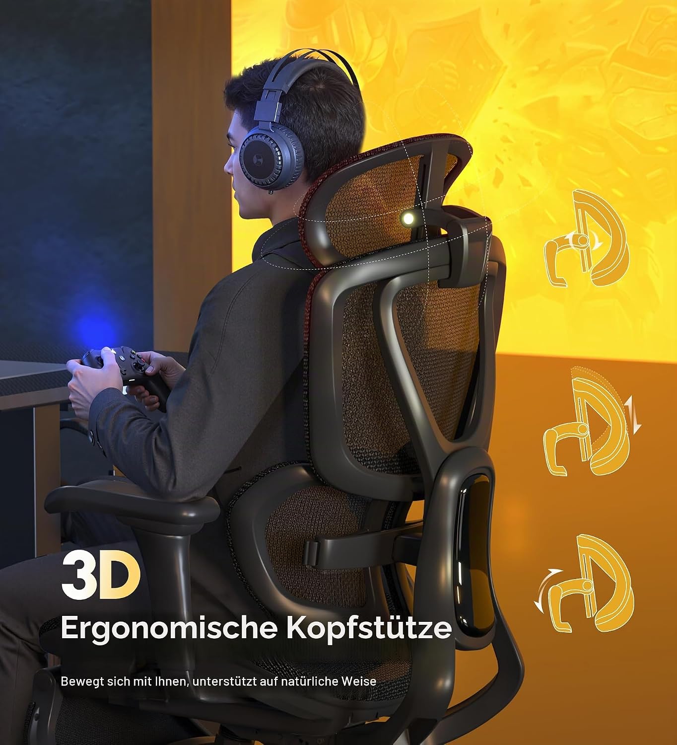 FLEXISPOT Ergonomischer Bürostuhl mit Dual-Wing-Lendenstütze, 3D-Kopfstütze & Armlehnen, Verstellbarer Sitztiefe, Rückenlehne, & ausziehbarer Fußstütze, Arbeitsstuhl für Büro & Home Office (Schwarz) – Bild 5