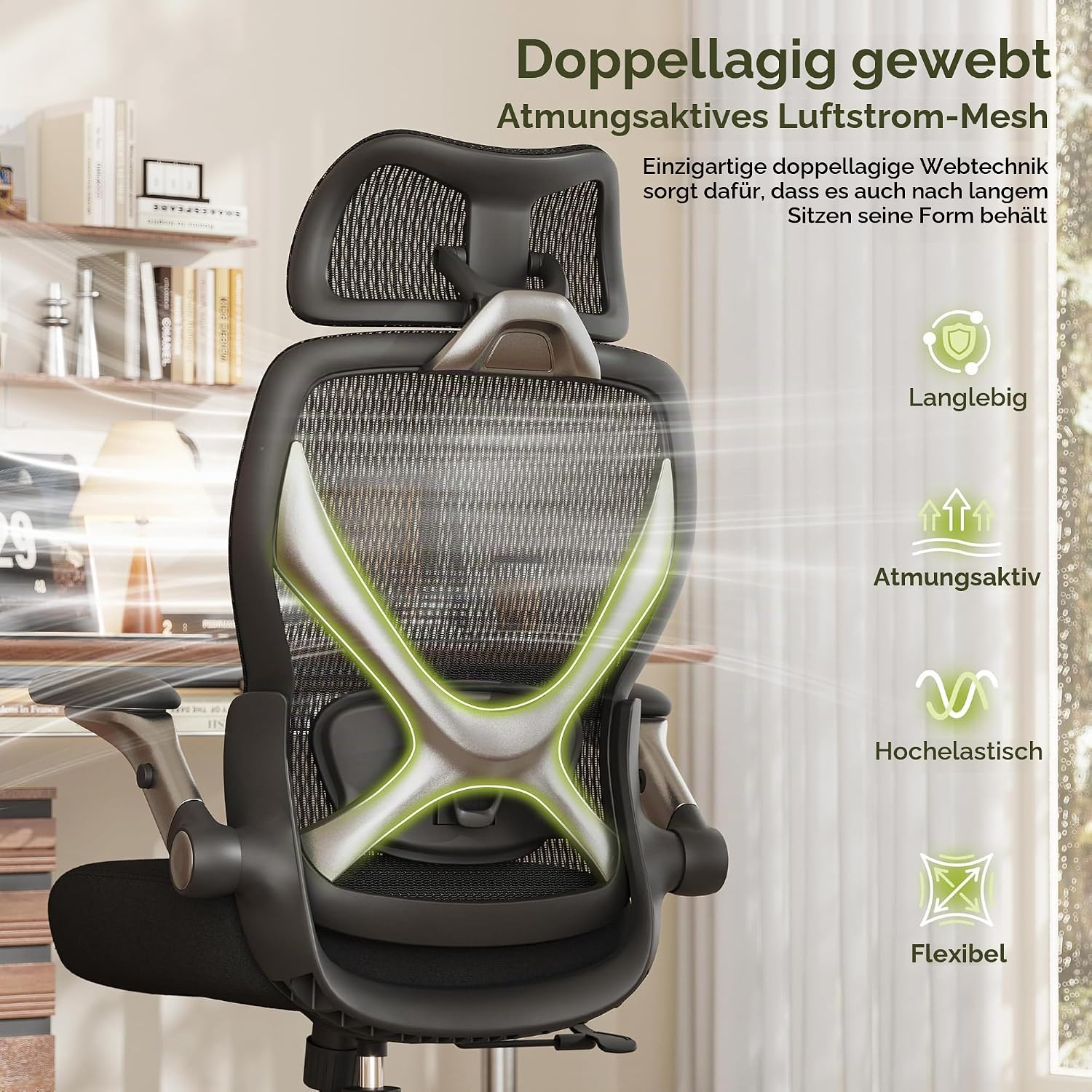 GABRYLLY Bürostuhl Ergonomisch, Ergonomischer Bürostühle mit Verstellbare Kopfstütze, Neigungsfunktion, Armlehnen, Ergonomic Office Desk Chair, Gaming Stuhl, Computerstuhl (Mitternachtsschwarz) – Bild 9