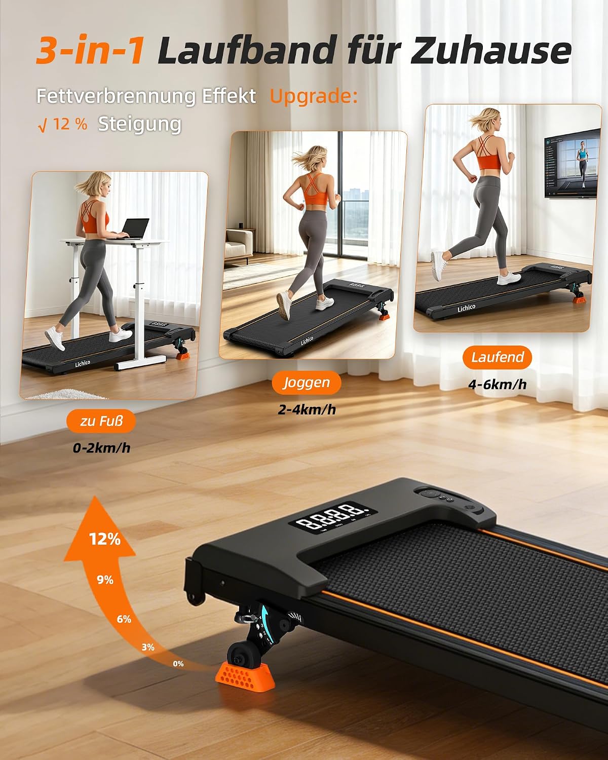 Lichico 3-in-1 Walking Pad mit 0-12% Steigung, Laufband für Zuhause Klein – Bild 9