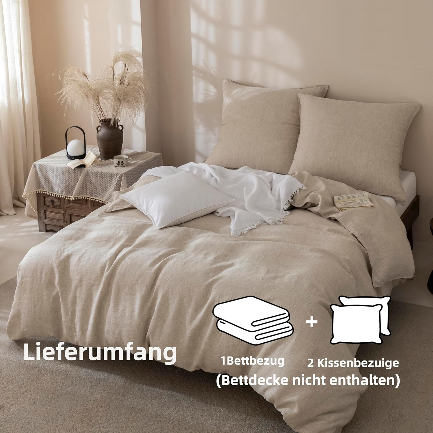 Talasily Leinen Bettwäsche 200x200 3teilig, 100% Naturflachs Stonewashed mit Reißverschluss, Atmungsaktiv Weich, Öko-Tex 100 Standard, Naturleinen Farbe inklusive 2 Kissenbezug 80x80 cm – Bild 5