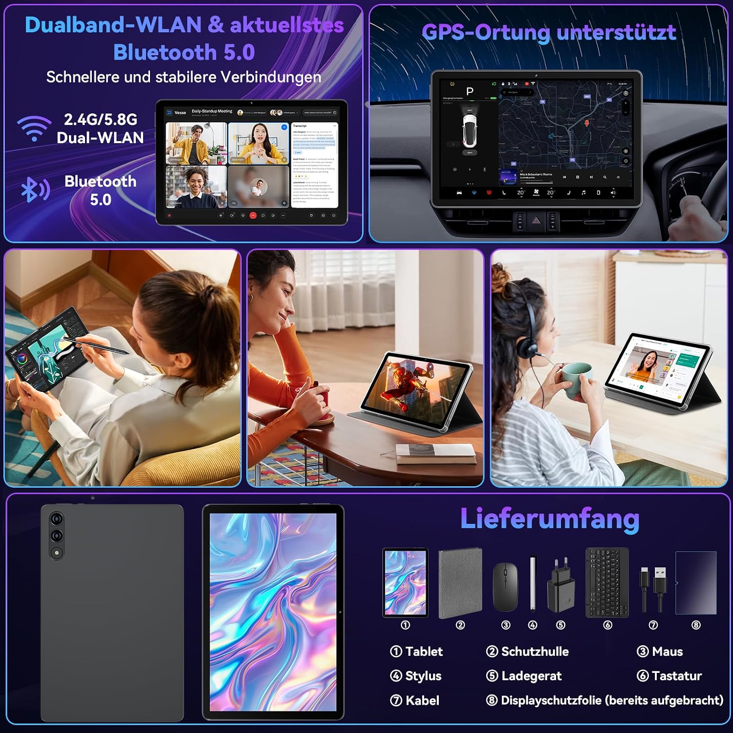 11 Zoll Tablet mit Tastatur|Android 16 mit Gemini AI|32GB RAM + 128GB ROM (1TB TF) 1920*1200 FHD 90Hz Display| Unisoc T7250 Octa-Core|5MP+8MP Duale Kamera| Face ID| Widevine L1| 8000mAh|GPS (Grau) – Bild 8