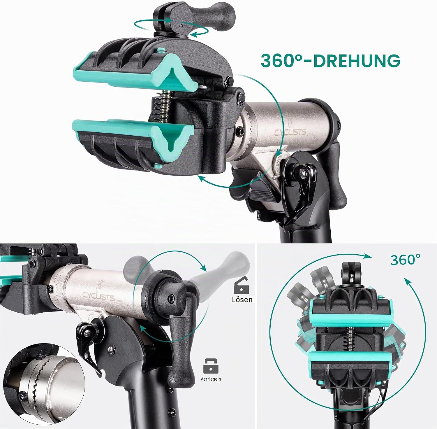 cyclists Profi Fahrrad-Reparaturständer bis 50kg – Klappbarer E-Bike Montageständer aus Aluminium – 360° Drehbar & Höhenverstellbar – Stabiler Arbeitsständer für Schwere MTB & Rennräder (Silber) – Bild 3