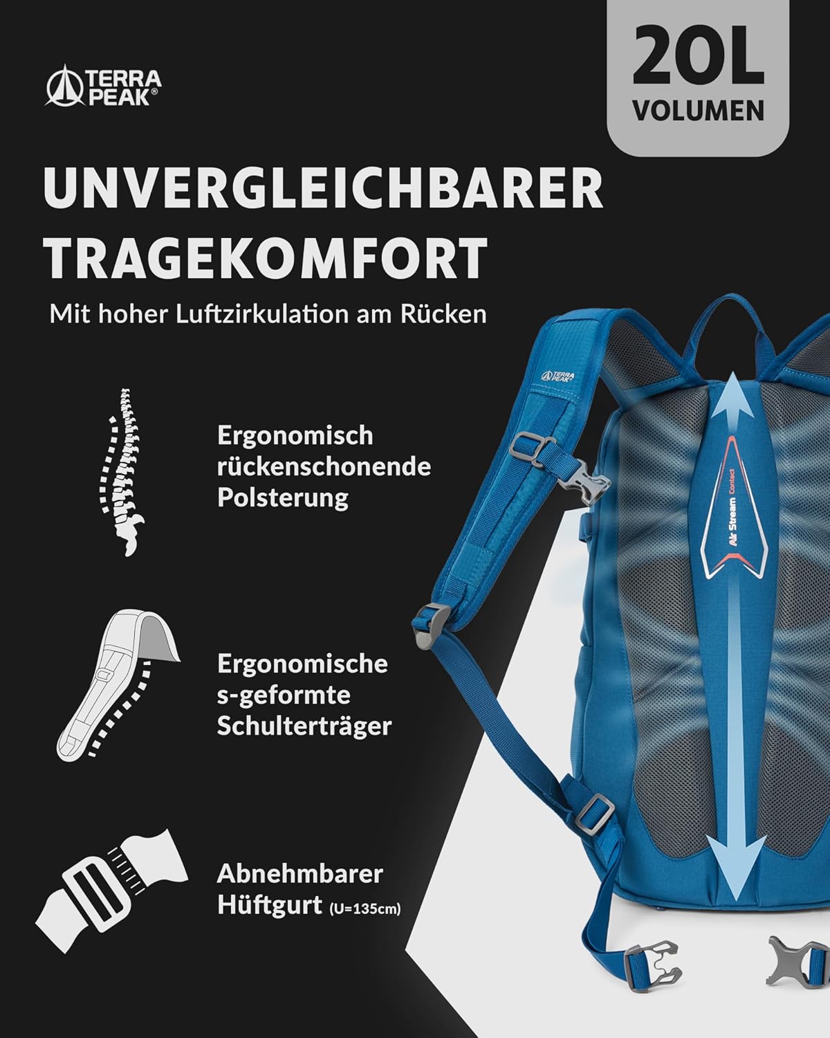 Terra Peak® Premium Wanderrucksack 20L (FLEX 20) klein mit Rückenbelüftung, Regenschutz & Trinksystem-Halterung - Ergonomischer Outdoor Trekkingrucksack aus 3D Air Mesh Polyester & Hüftgurt – Bild 4