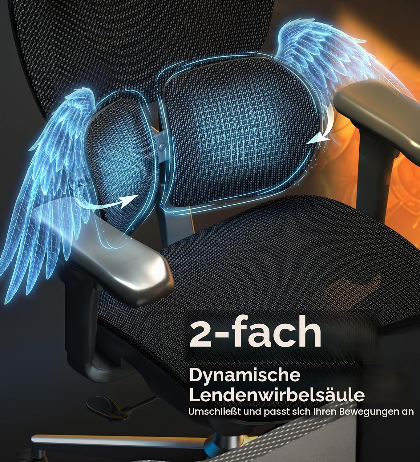 FLEXISPOT Ergonomischer Bürostuhl mit Dual-Wing-Lendenstütze, 3D-Kopfstütze & Armlehnen, Verstellbarer Sitztiefe, Rückenlehne, & ausziehbarer Fußstütze, Arbeitsstuhl für Büro & Home Office (Schwarz) – Bild 3