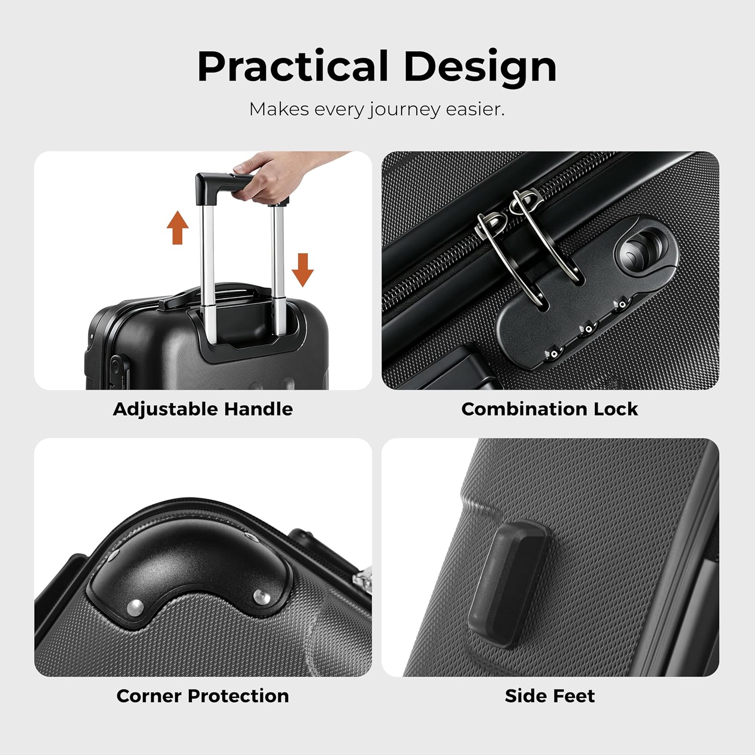 Koffer Suitcase L Schwarz, Trolley Reisekoffer, Rollkoffer Handgepäck mit 4 Rollen 360°, Hartschalenreisekoffer, Zahlenschloss, Weicher Gummigriff – Bild 5