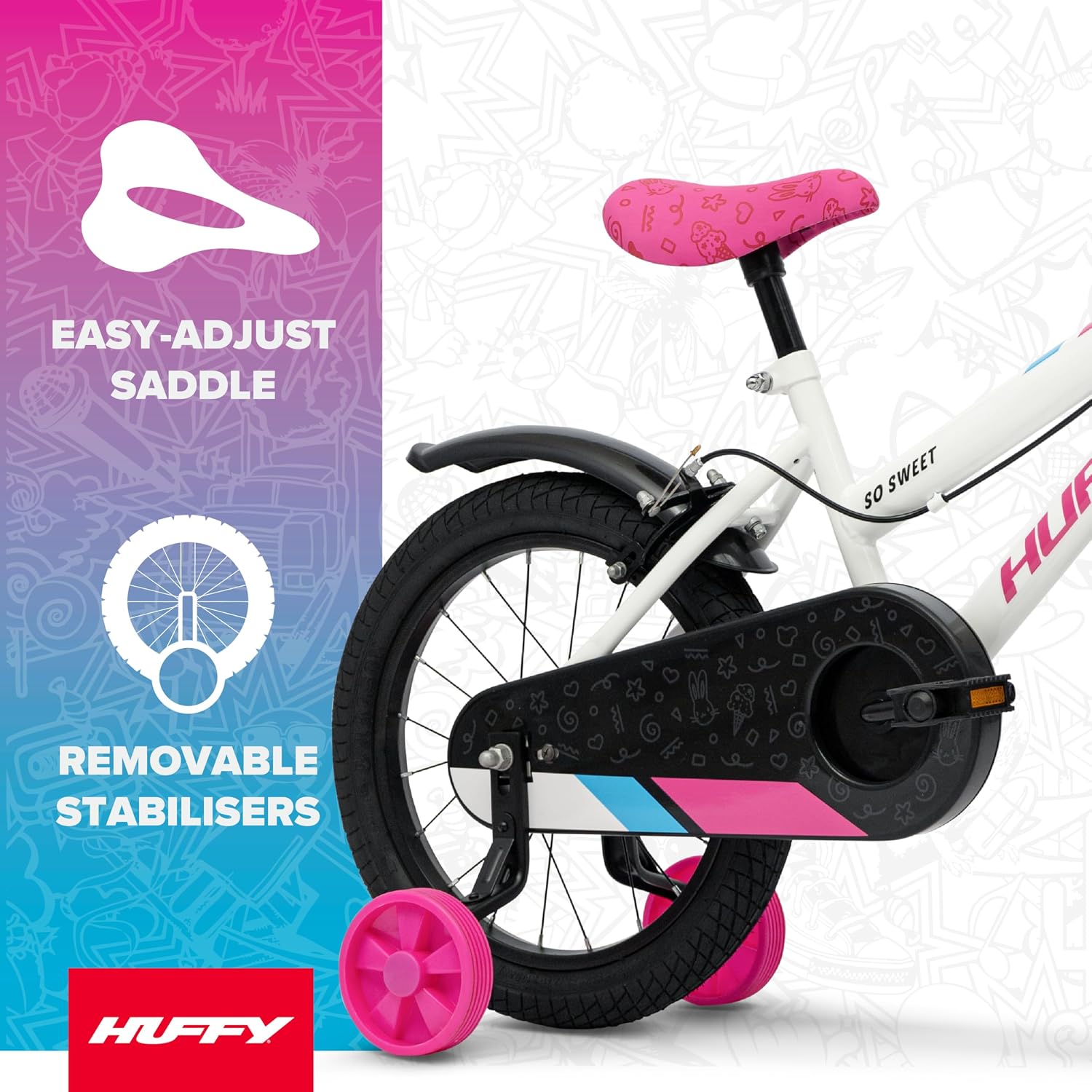 Huffy So Sweet Mädchenfahrrad Kinderfahrrad 12/16 / 20 Zoll, Fahrrad für Kinder 3–9 Jahre, Stahlrahmen, Handbremsen, Verstellbarer Sattel – Weiß, Ros, Blau – Bild 3