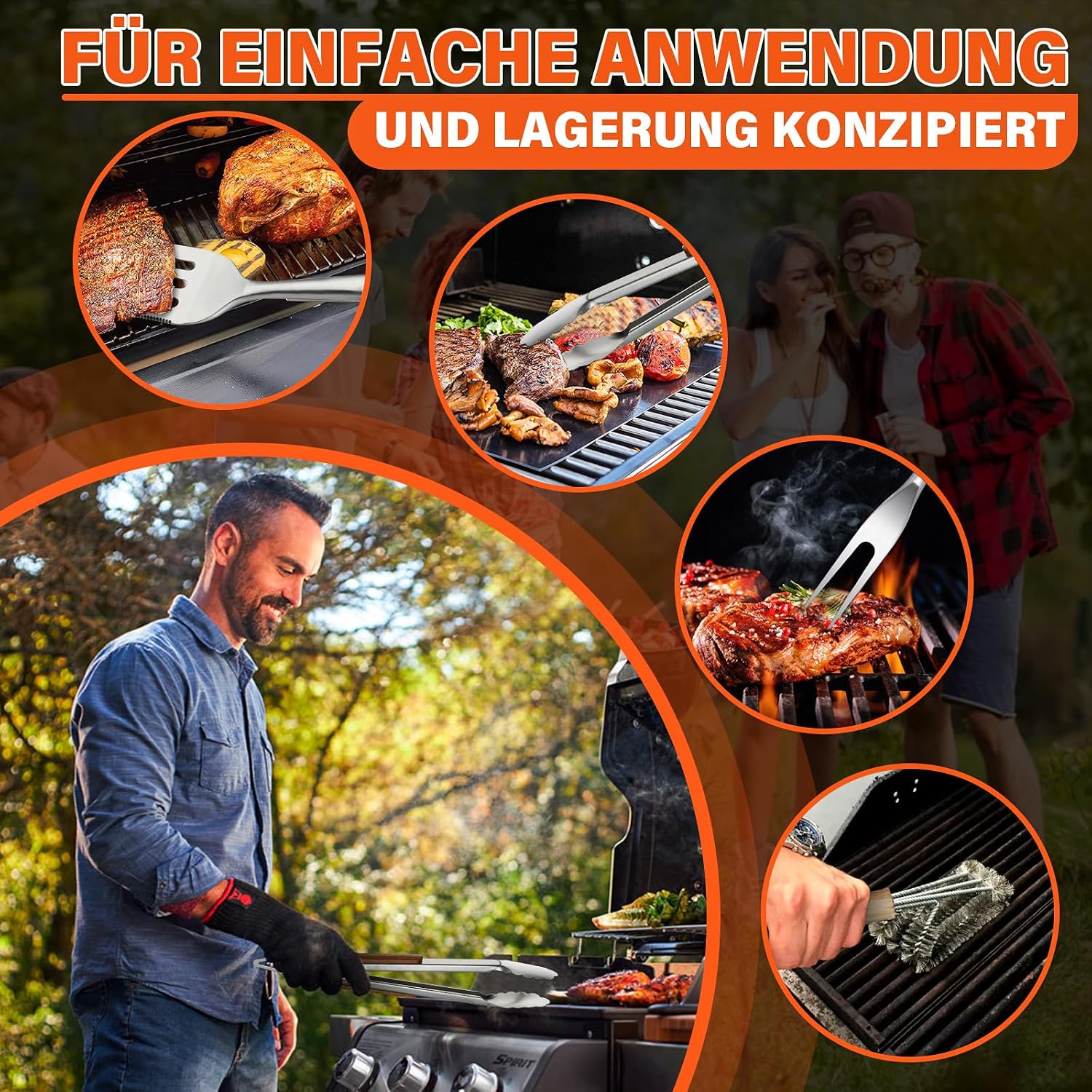TIVOLI Grillbesteck Set 4-teilig aus Edelstahl mit Holzgriffen – Bild 6