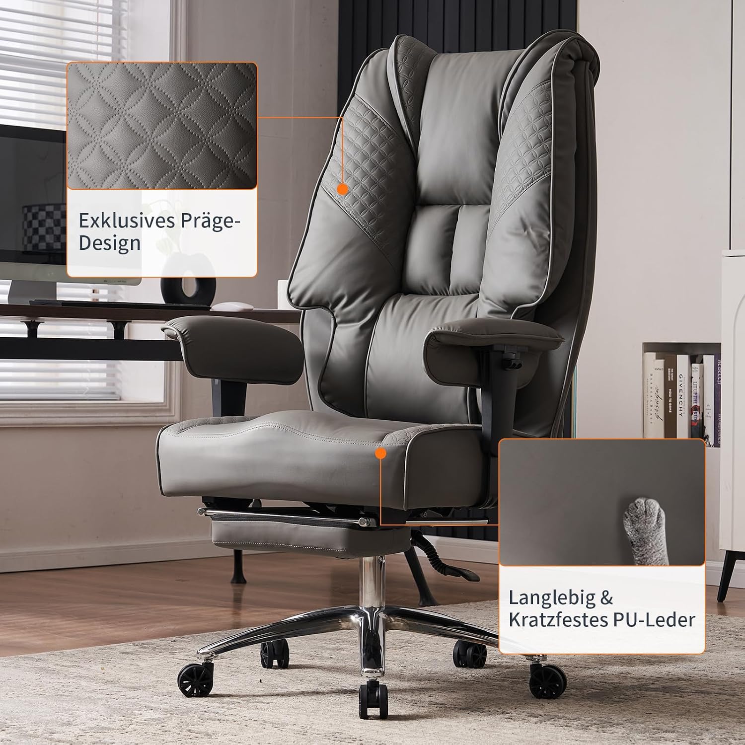 EXCEBET Chefsessel Bürostuhl XXL Ergonomisch 200kg, Schreibtischstuhl mit Fußstütze und 14cm Taschenfederkern, Hochlehner aus Kratzfestem PU Leder, Drehstuhl mit Höhenverstellbaren Armlehnen (Grau) – Bild 7