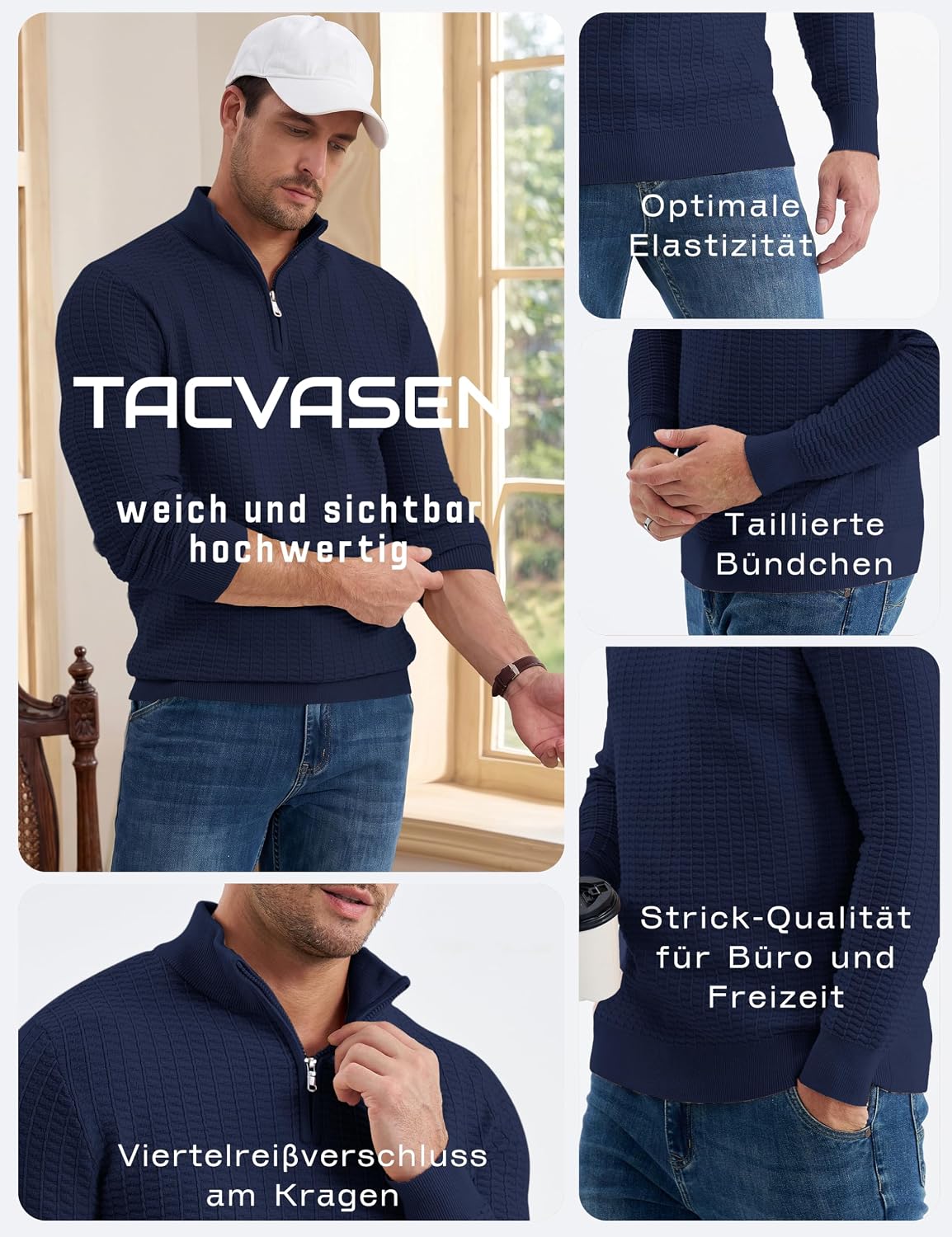 TACVASEN Pullover Herren 1/4 Zip Strickpullover Sweater Stehkragen Zip – Bild 4