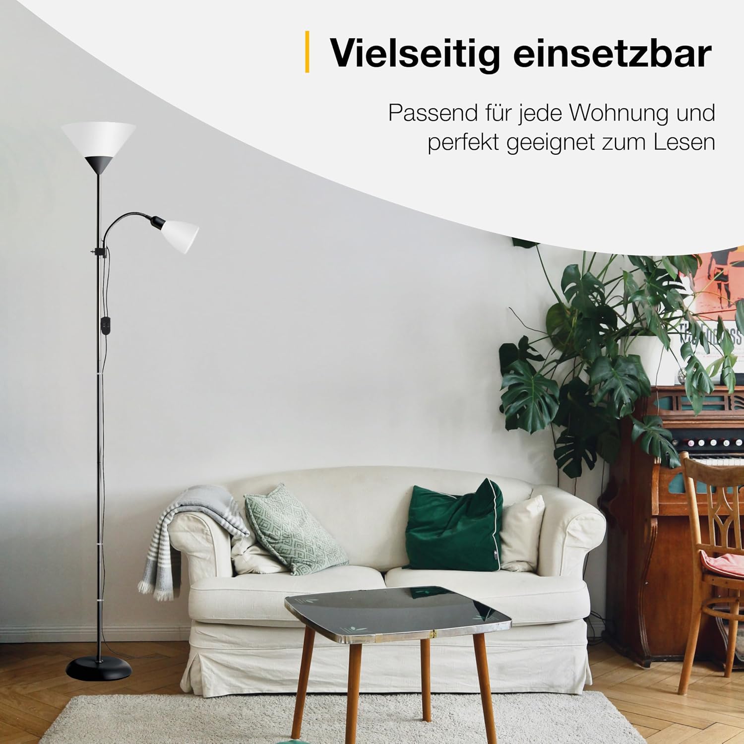 Brilliant Spari Deckenfluter mit Leselampe schwarz, weiß LED Stehlampe 1,8 m Standleuchte für LED-Leuchtmittel geeignet (E27 & E14 Fassung) mit verstellbarem Lesearm – Bild 6