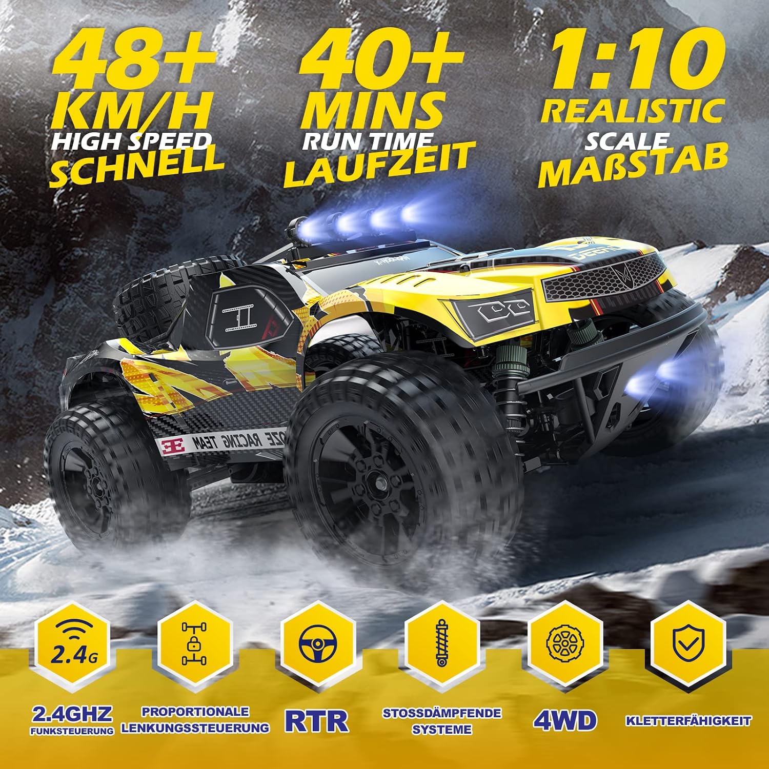 DEERC Ferngesteuerte Auto 1:10 mit Lichtern RC Auto 48km/h 4WD Offroad Hobby Grade Monster Crawler mit 2 Akkus 40 Minuten Laufzeit,2 Autoschalen, für Erwachsene, Kinder (9201E) – Bild 2
