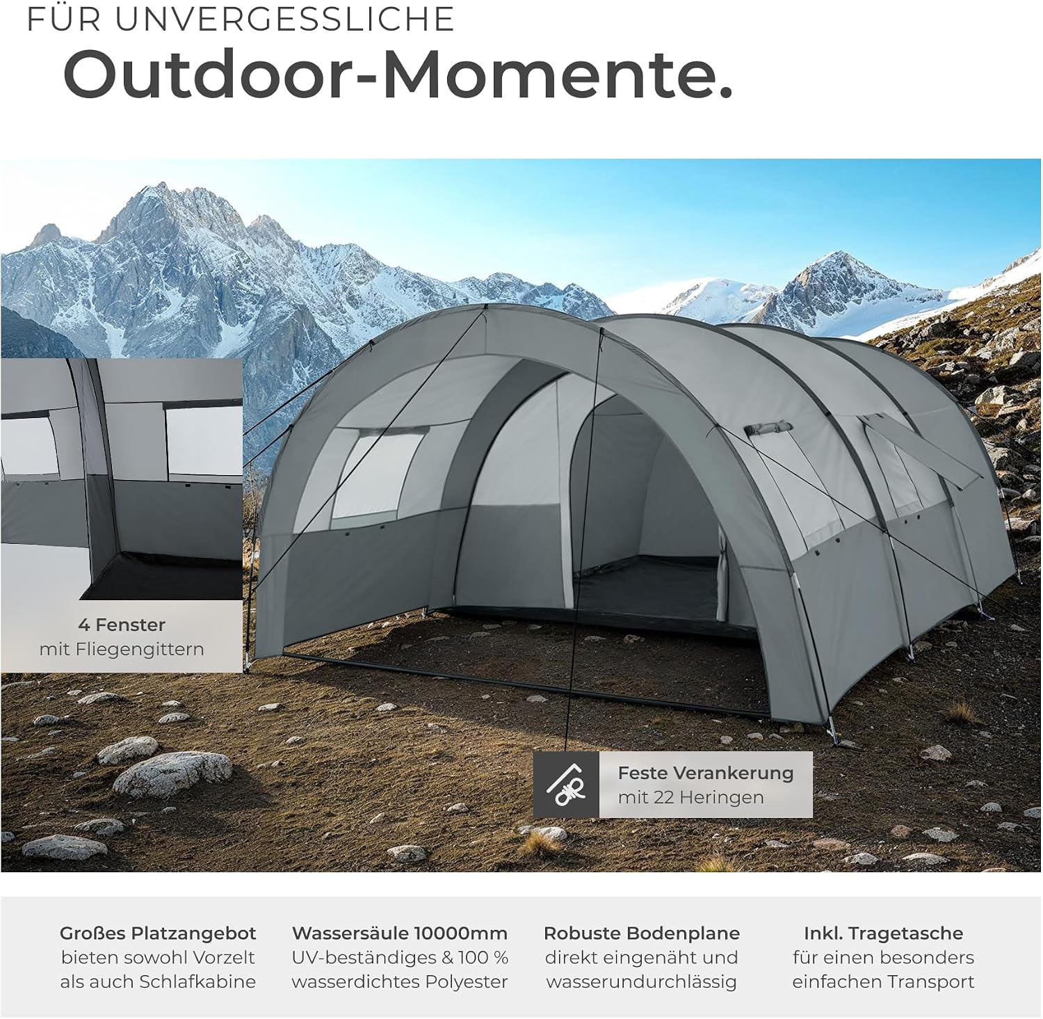 tectake® Tunnelzelt, 6 Personen, Familienzelt, Zelt groß mit Vorzelt und Bodenplane, UV-Schutz, Camping Zelt inkl. Tragetasche, 350 x 480 x 195 cm - dunkelgrau/hellgrau – Bild 3