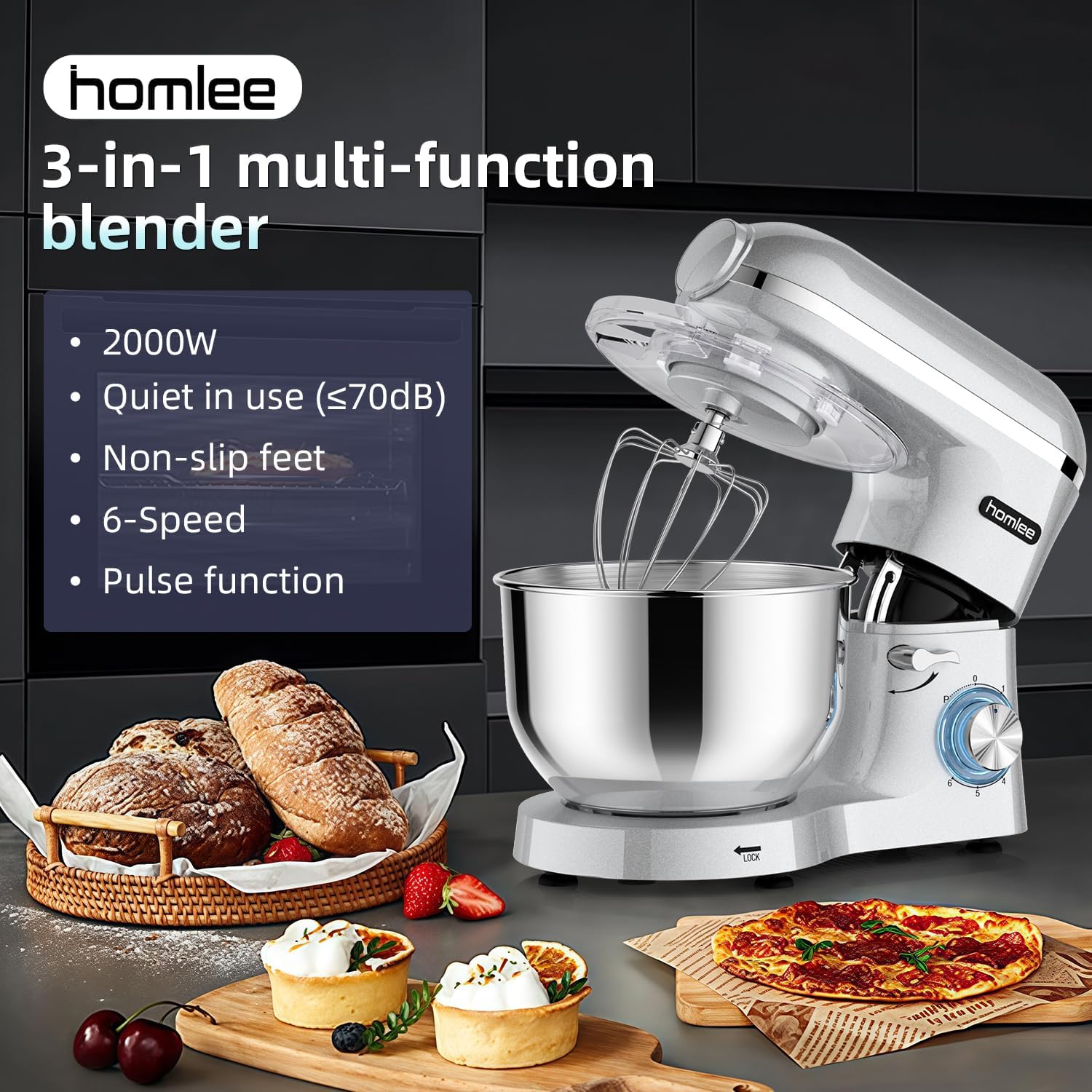Homlee 3 in 1 Universal Küchenmaschine 2000W Multifunktionale Knetmaschine 6-stufige Gescheindigkeit Mixer, mit Fleischwolf, 1.5L Saftpresse, 5.5L Edelstahlschüssel knetmaschine – Bild 8