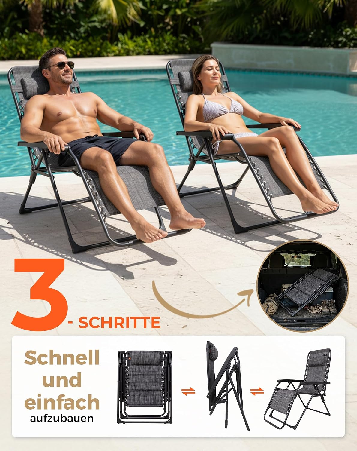 KingCamp Zero Gravity Liegestuhl Klappbar bis 180 kg, Kopfstütze, 2er Set – Bild 7