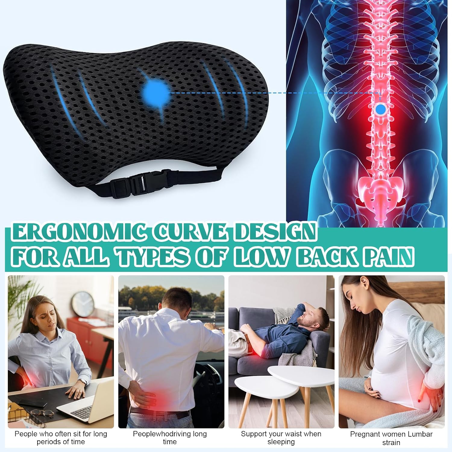 Ergonomisches Lendenwirbelstützkissen, Premium Memory Foam Rückenkissen für Bürostuhl, Auto & Gaming - Orthopädisches Design zur Schmerzlinderung im unteren Rücken, atmungsaktiver 4D-Netzbezug mit – Bild 6