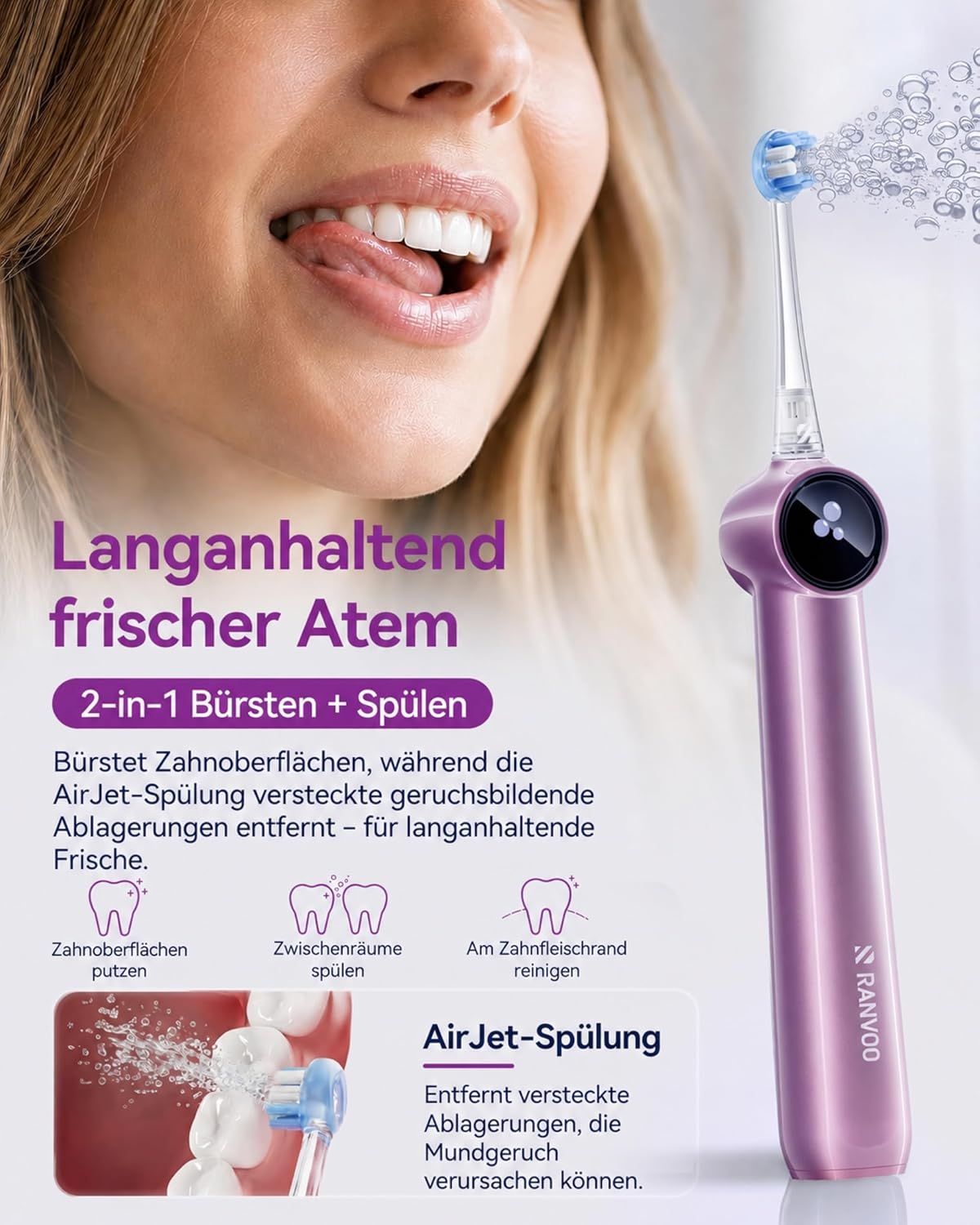 AirJet X5 Elektrische Zahnbürste, Tiefste Interdentalreinigung,Prunkviolett, Zahnärztlich Empfohlen, 100% Plaque-Entfernung, 7-Tage-Aufhellung,Zahnfleischpflege, für Zahnspangen, 60Tage Akku, 3 Köpfe – Bild 7