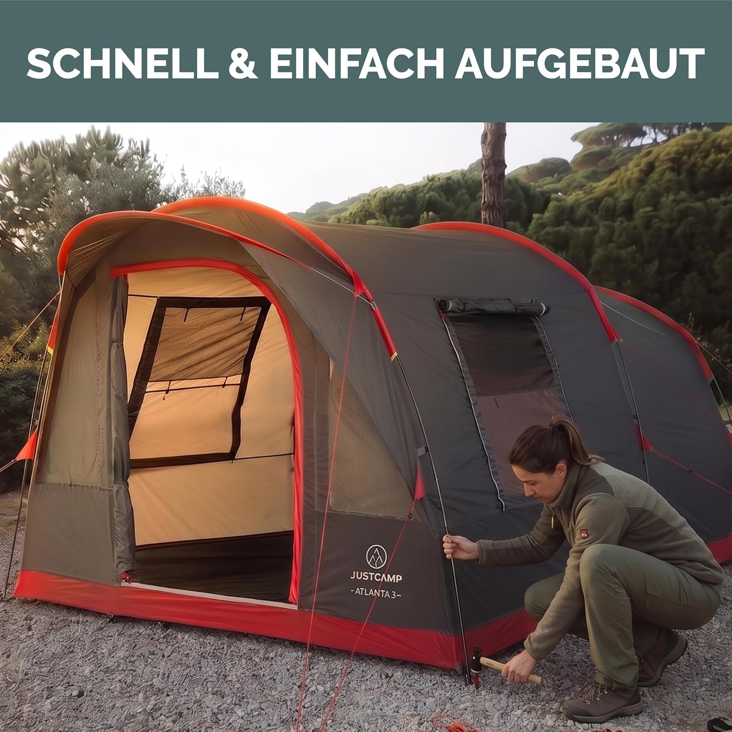 JUSTCAMP Atlanta 3, 5 oder 7 Personen Familienzelt - Tunnelzelt mit Stehhöhe inkl. Vordach & Boden, Eingang mit Fliegengitter - Campingzelt groß, geräumig, wasserdicht - Ideal für Campen & Festival – Bild 4