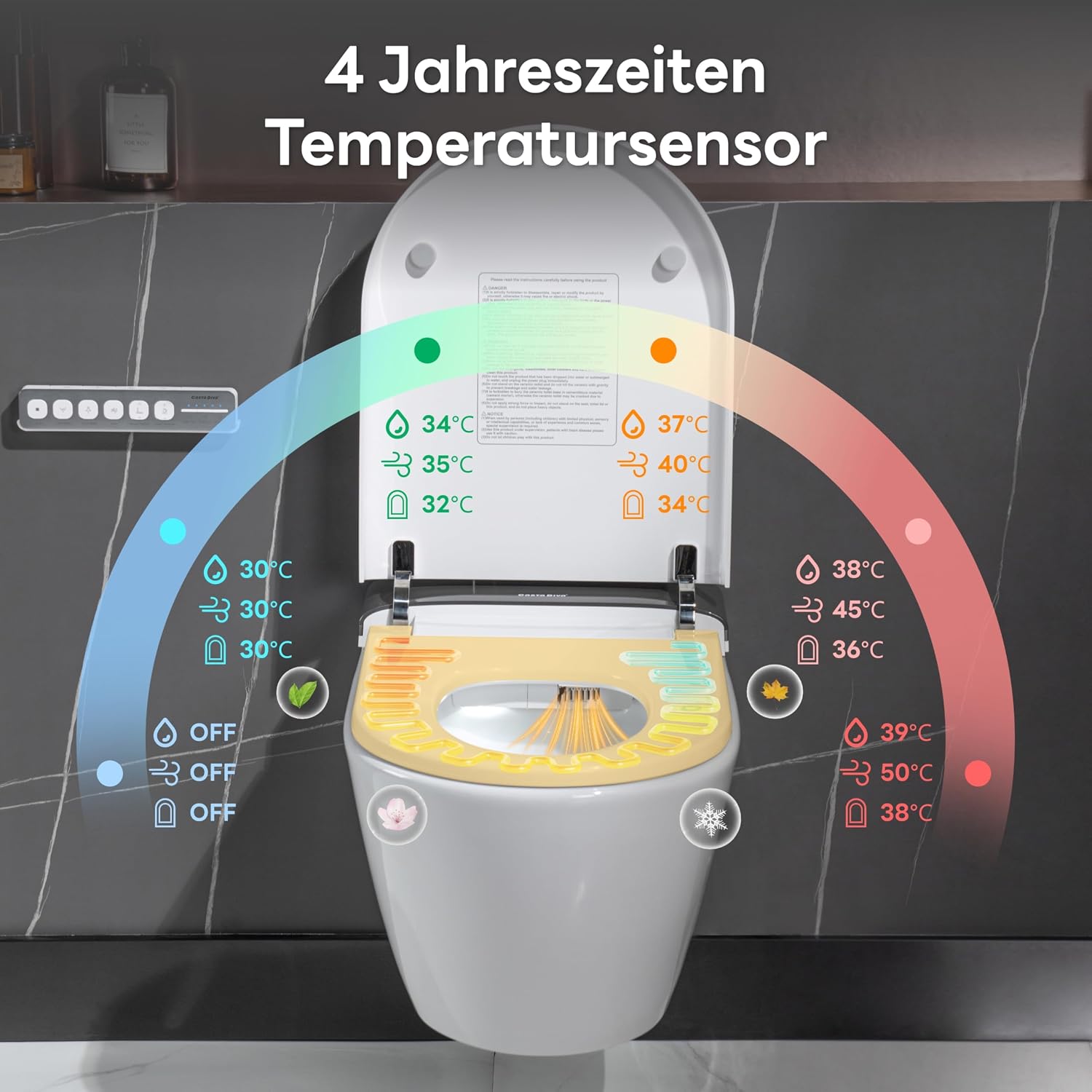 Casta Diva Dusch WC Komplettanlage mit UV-Sterilisation, Hänge WC mit Bidet Funktion, Sitzheizung, Entkalkungs und Geruchsfunktion, Automatischer Deckelöffnung und WC Fernbedienung (CD-AU002) – Bild 3