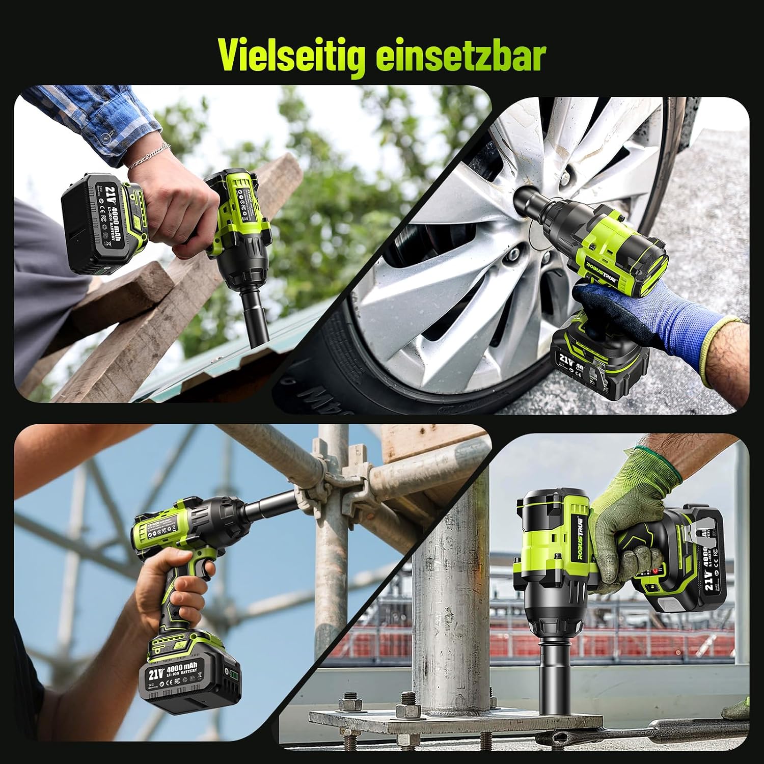 Robustrue 1400N.m Akku Schlagschrauber 1/2 Zoll, Bürstenloser Hochdrehmoment Schlagschrauber, 2400 U/min, 2×4,0Ah Akkus, Schnellladegerät, Für LKW, Wohnmobil, Rasenmäher – Bild 8
