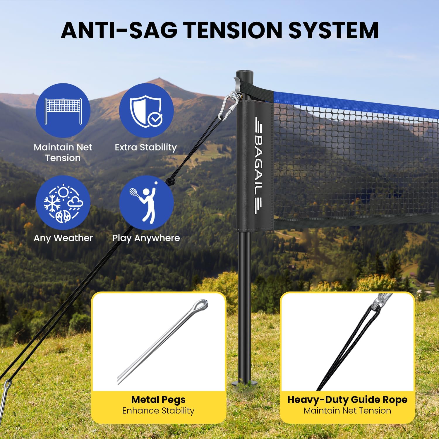 BAGAIL Professionelles Badmintonnetz-Set, TurnierschANDARD 6,1m x 1,55m, Allwettertauglich PE-Netz, 5-Minuten-Montage, Mit 4 Schlägern, 3 Schittern und Tragetasche – Bild 2