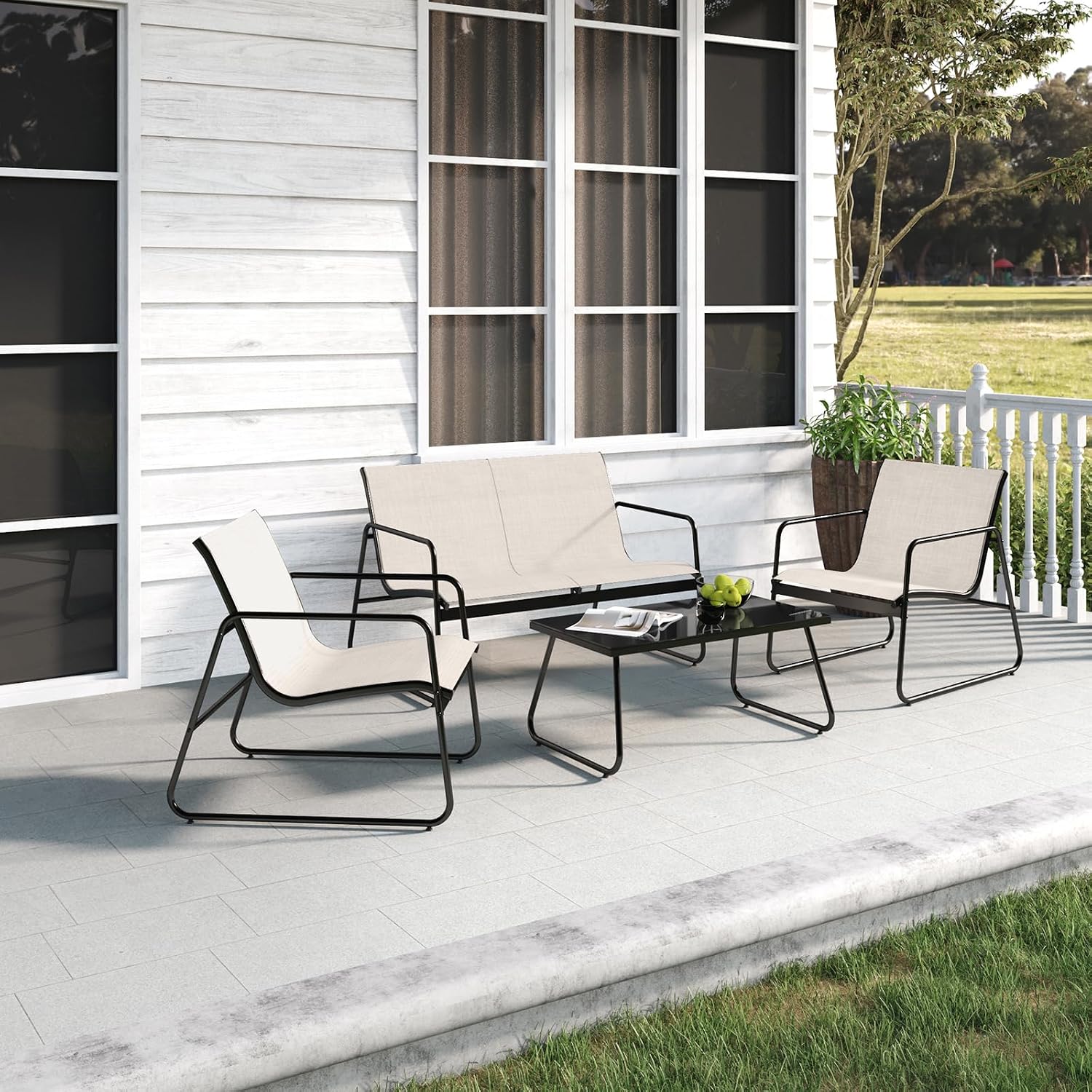Grand patio Gartenmöbel Set 4-TLG, Textilene Balkonmöbel Set mit Tisch, Sofa und 2 Stühlen, Stahl, Sitzgruppefür Garten, Balkon, Außen (Beige) – Bild 4