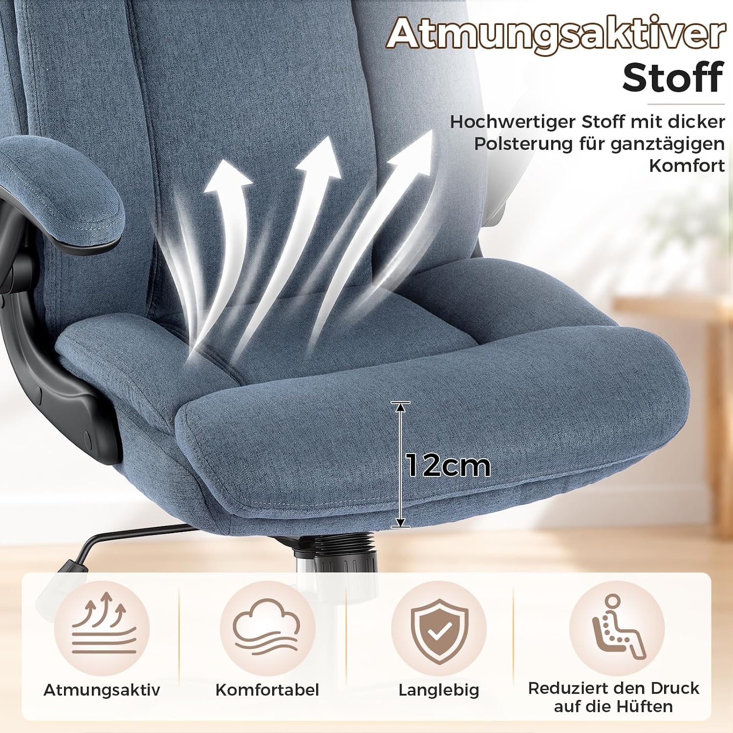 MZLEE Ergonomischer Bürostuhl Blau Stoff, für Arbeitszimmer & Home‑Office – Bild 6