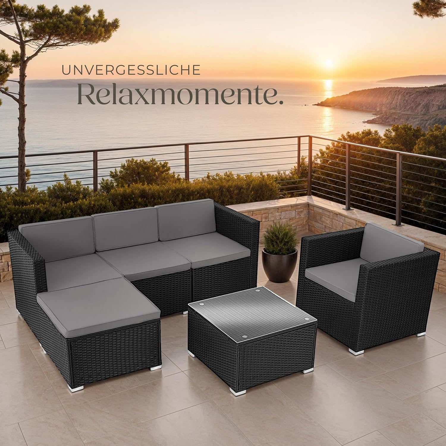 tectake® Poly Rattan Lounge, Outdoor Gartenmöbel Set mit Sofa, Sessel, Hocker und Tisch, variabel kombinierbar, Möbel wetterfest für 4-5 Personen, Balkonmöbel, Gartenlounge, Terrassenmöbel - schwarz – Bild 8