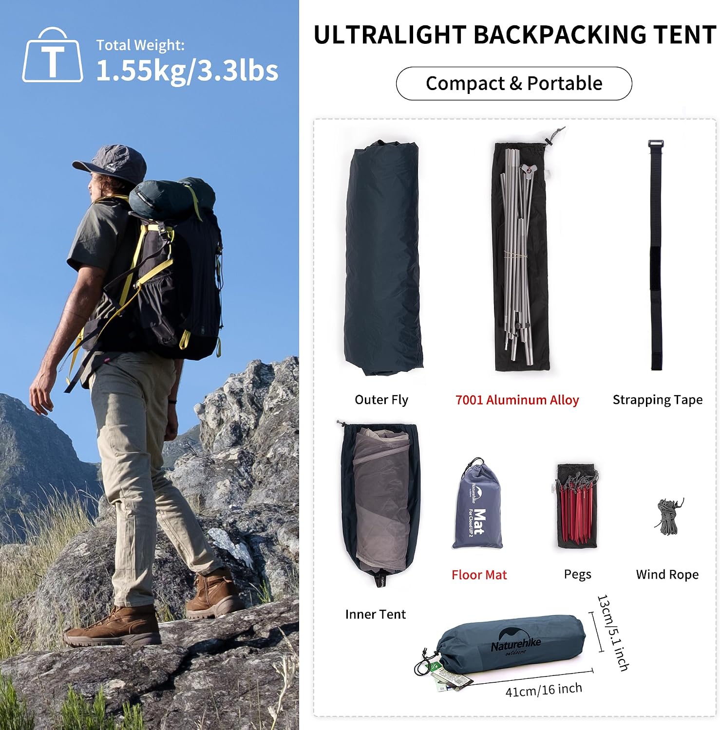 Naturehike Cloud Up Base/Pro/UL Zelt 1 Personen Ultraleichtes Campingzelt Wasserdicht & Winddicht Kuppelzelt mit Kleinem Packmaß, Einfacher Aufbau Trekkingzelt für Wandern Bikepacking Outdoor Reisen – Bild 6