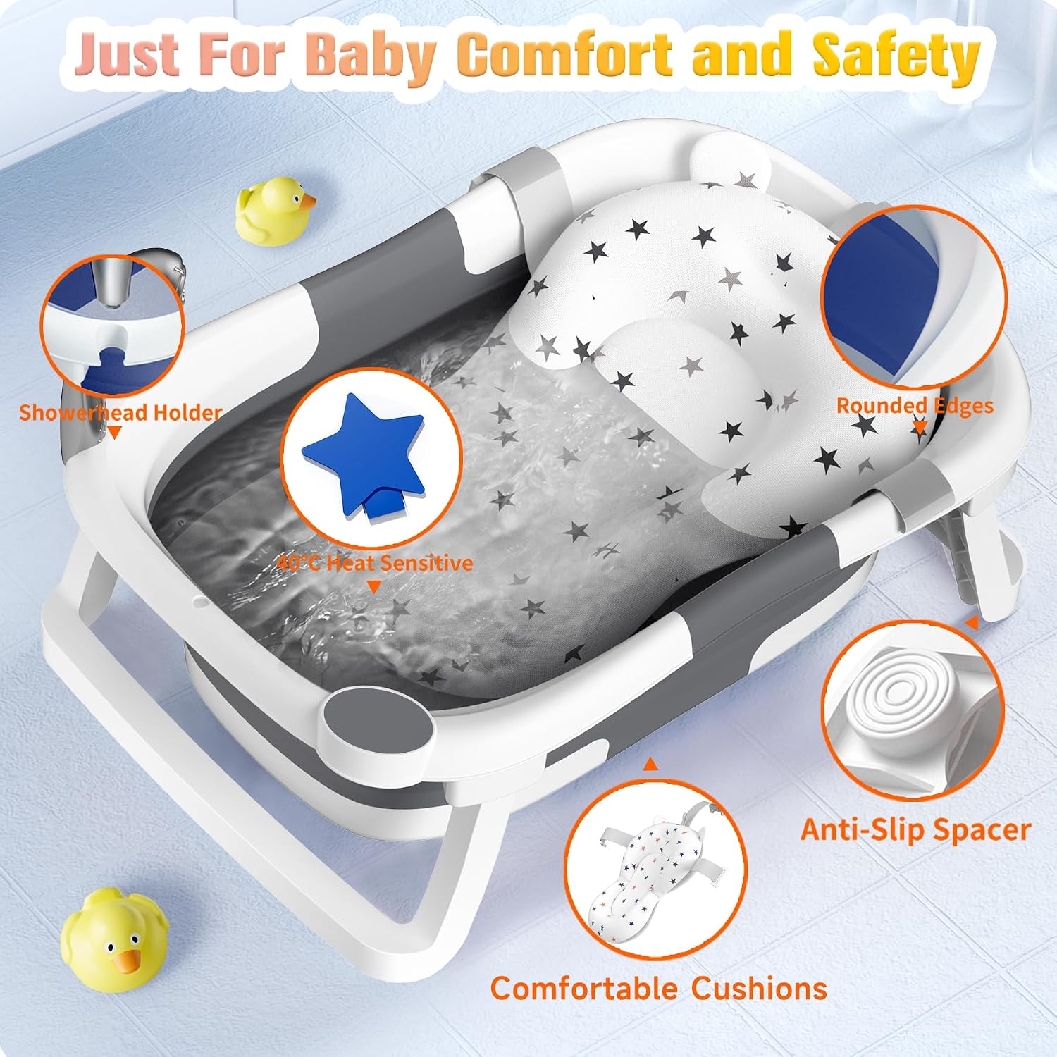 Baby Badewanne Faltbare, Baby Bathtub Babywanne Faltbar Babybadewanne Tragbare Wanne für Neugeborene Kleinkinder mit Rutschfester Matte und Abflussloch (Kein Thermometer) (Grau) – Bild 6