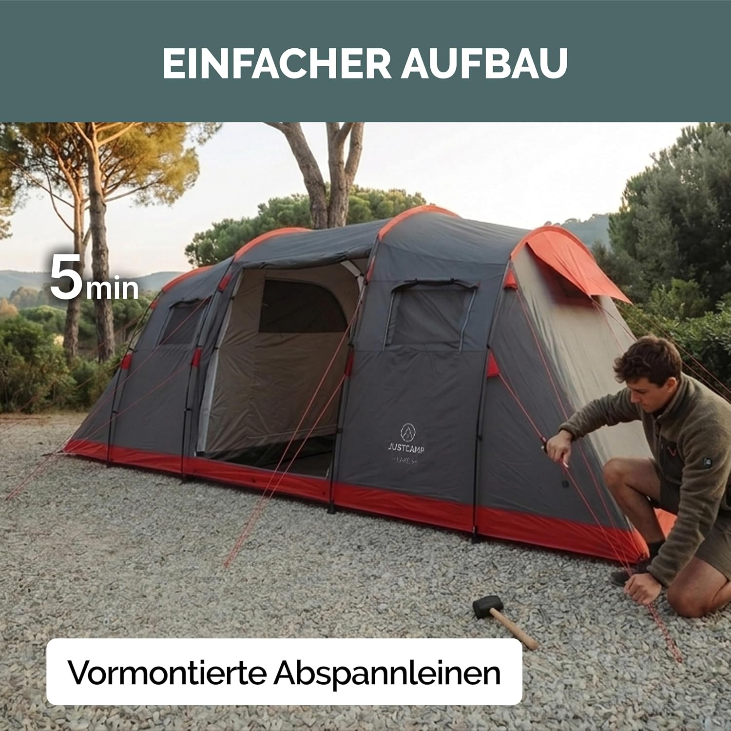 JUSTCAMP Lake XXL Familienzelt für 6 Personen - wasserdichtes Tunnelzelt mit 2 Schlafkabinen, großem Vorraum & Stehhöhe - Campingzelt mit eingenähtem Boden, Moskitonetz und 2 Eingängen – Bild 9