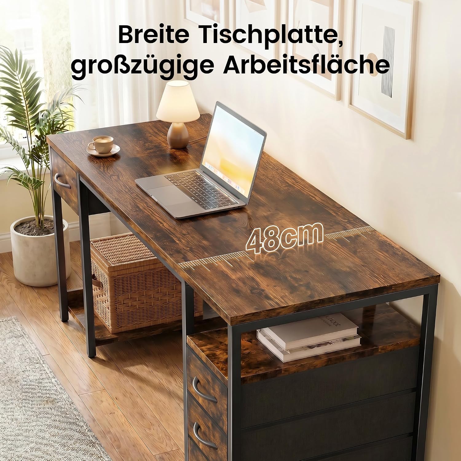 YOUDENOVA Schreibtisch mit 4 Schubladen, Computertisch 140cm CPU-Ständer & offenes Ablagefach, Stabiler Bürotisch PC Tisch Officetisch Für Büro, Wohnzimmer, Home Office Gaming Braun – Bild 9